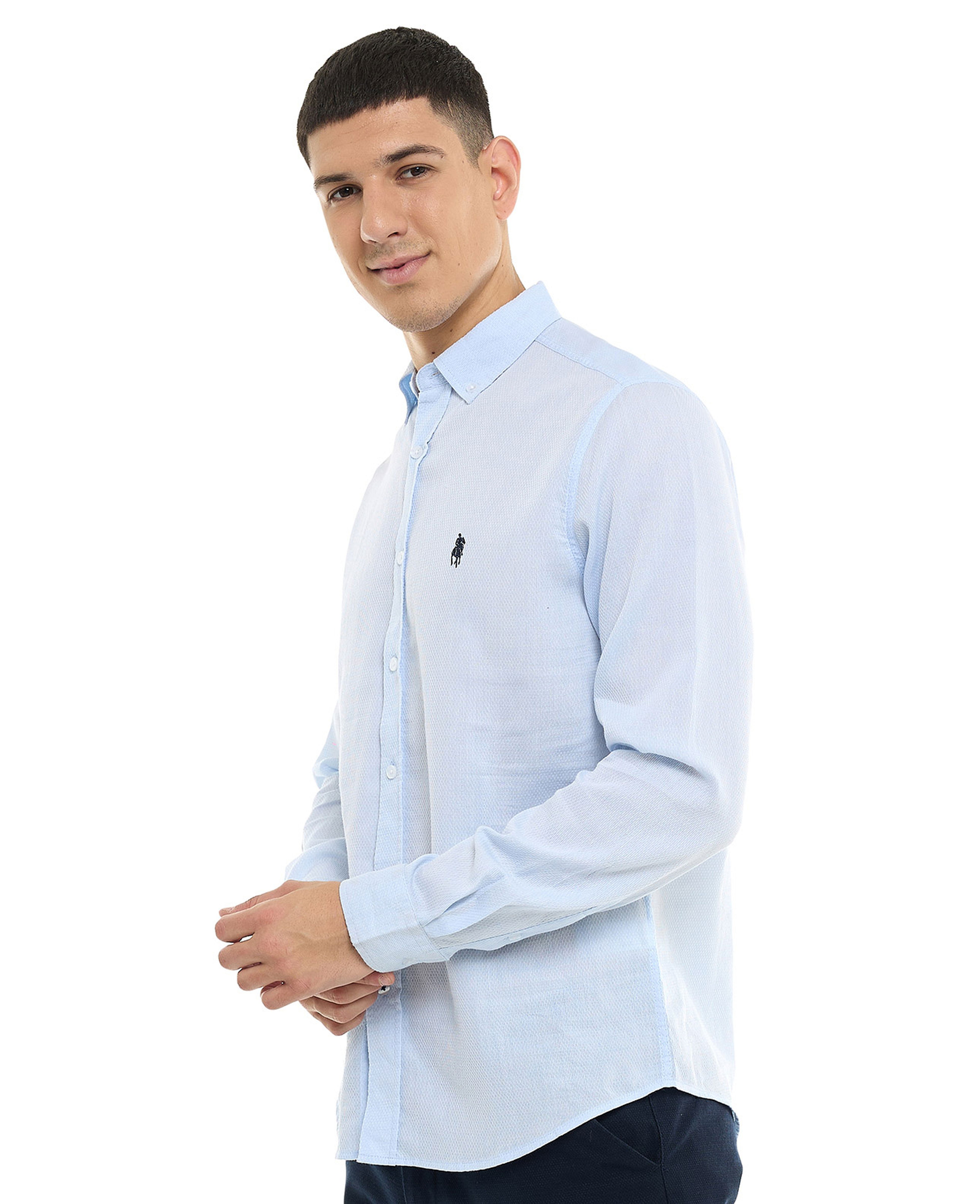 Textured Shirt with Button-Down Collar and Long Sleeves