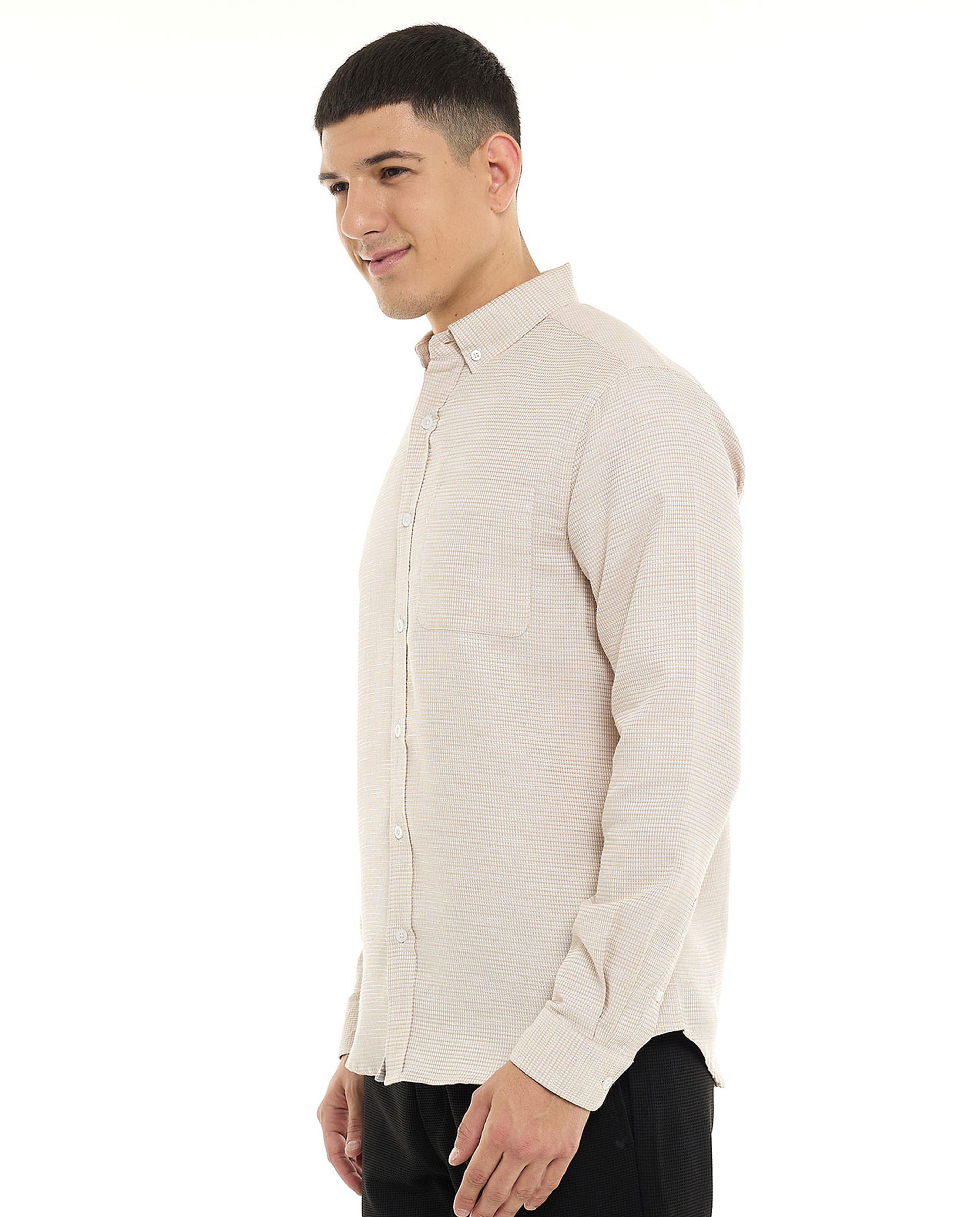 Textured Shirt with Button-Down Collar and Long Sleeves