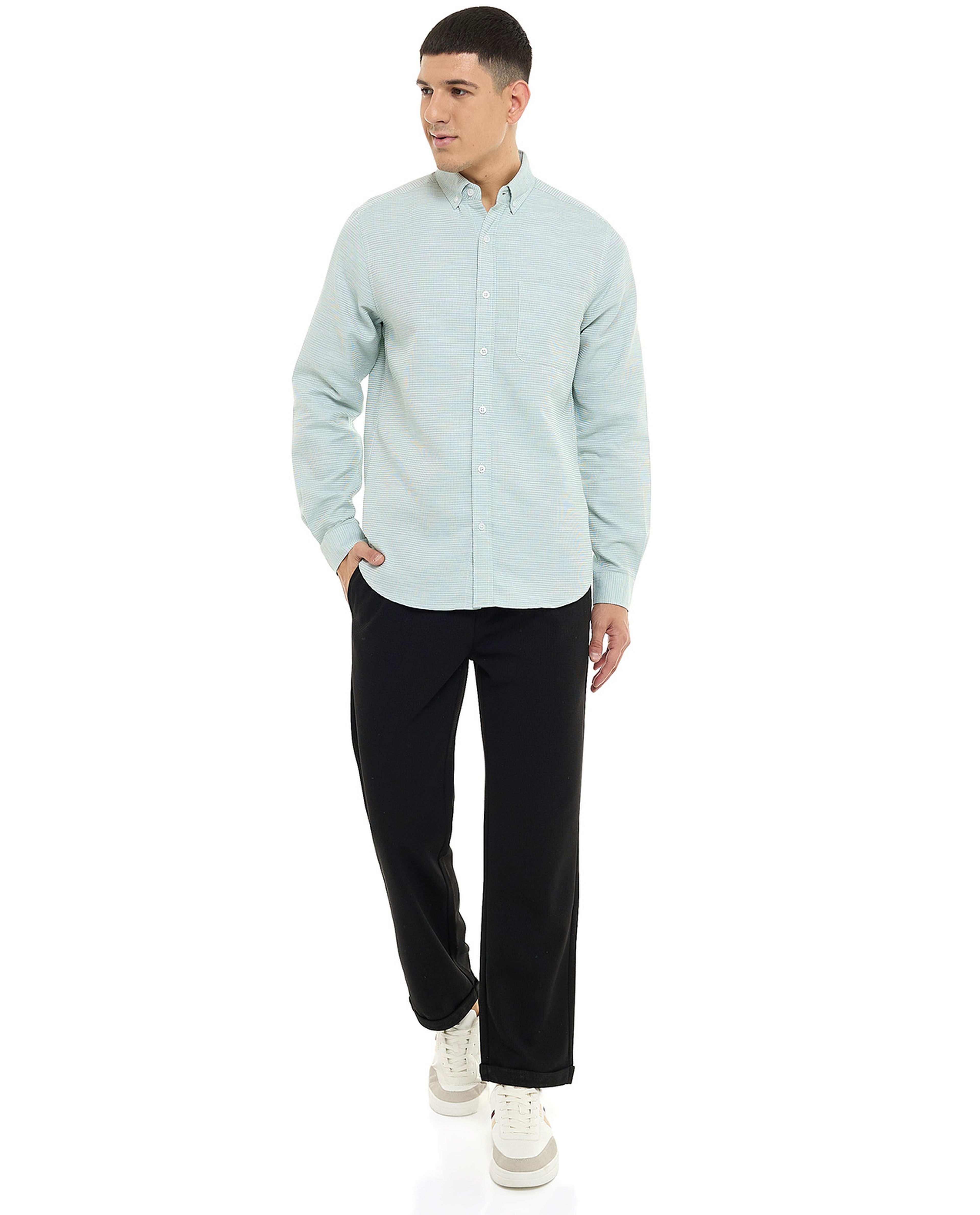 Textured Shirt with Button-Down Collar and Long Sleeves