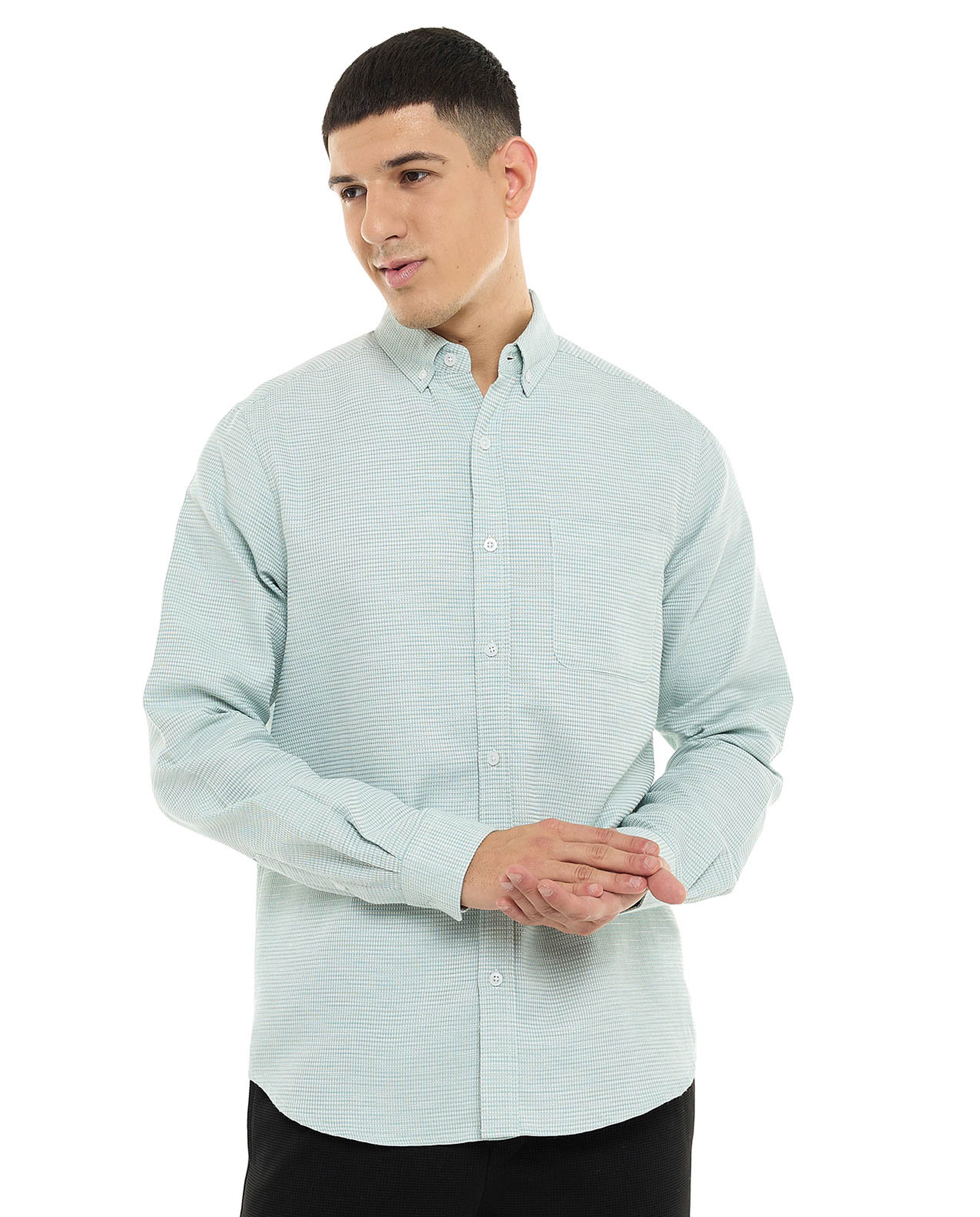 Textured Shirt with Button-Down Collar and Long Sleeves