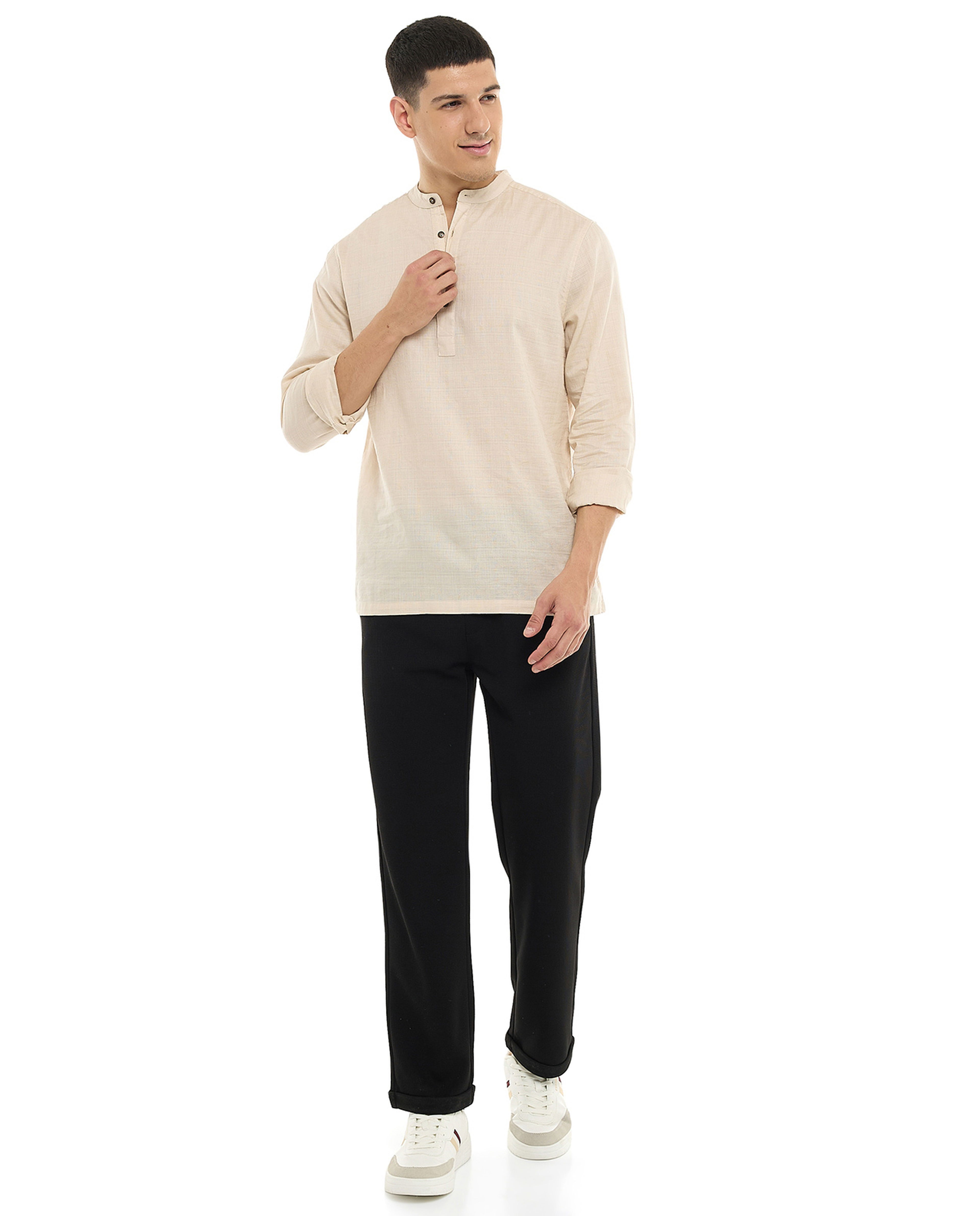 Textured Shirt with Mandarin Collar and Long Sleeves