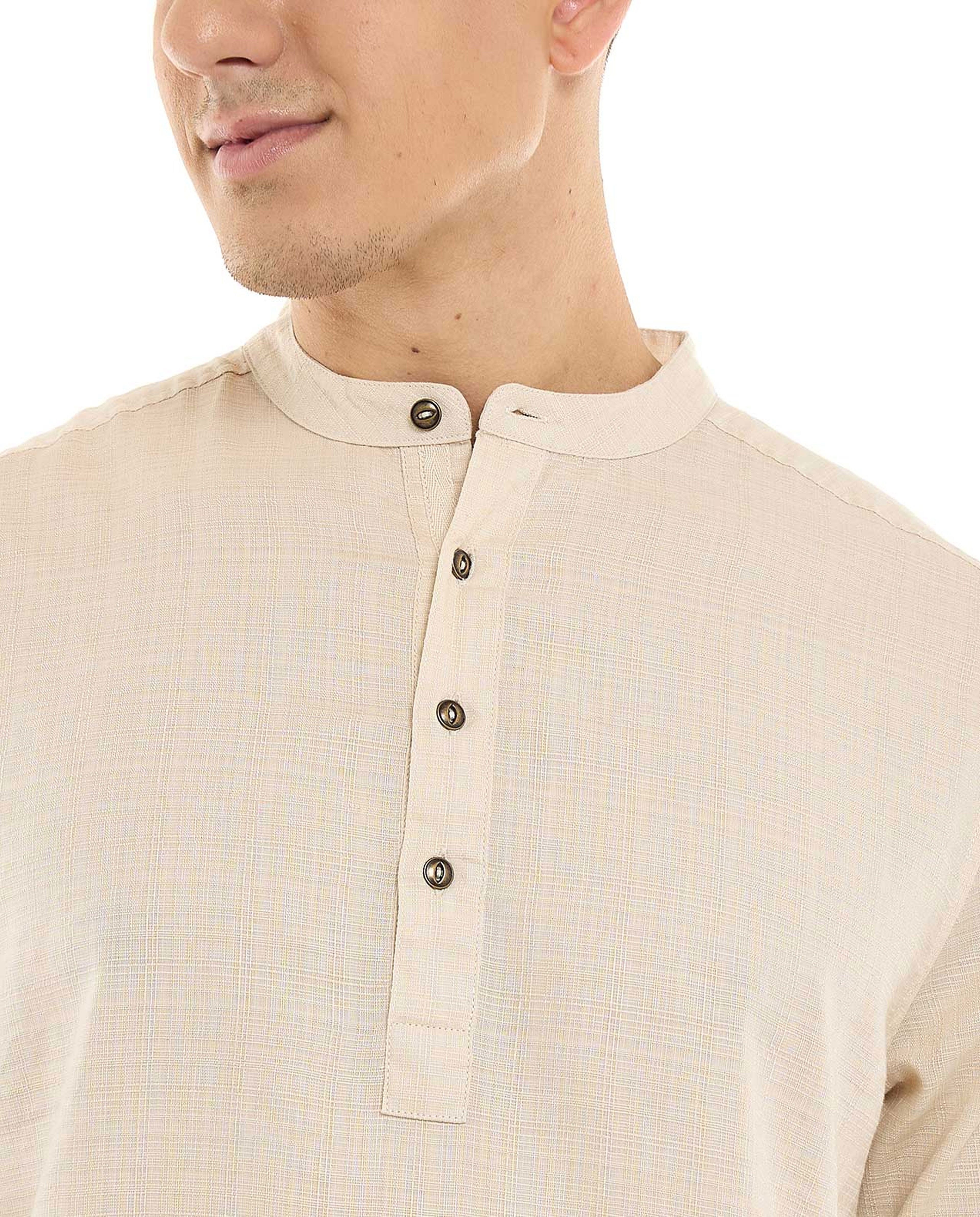 Textured Shirt with Mandarin Collar and Long Sleeves