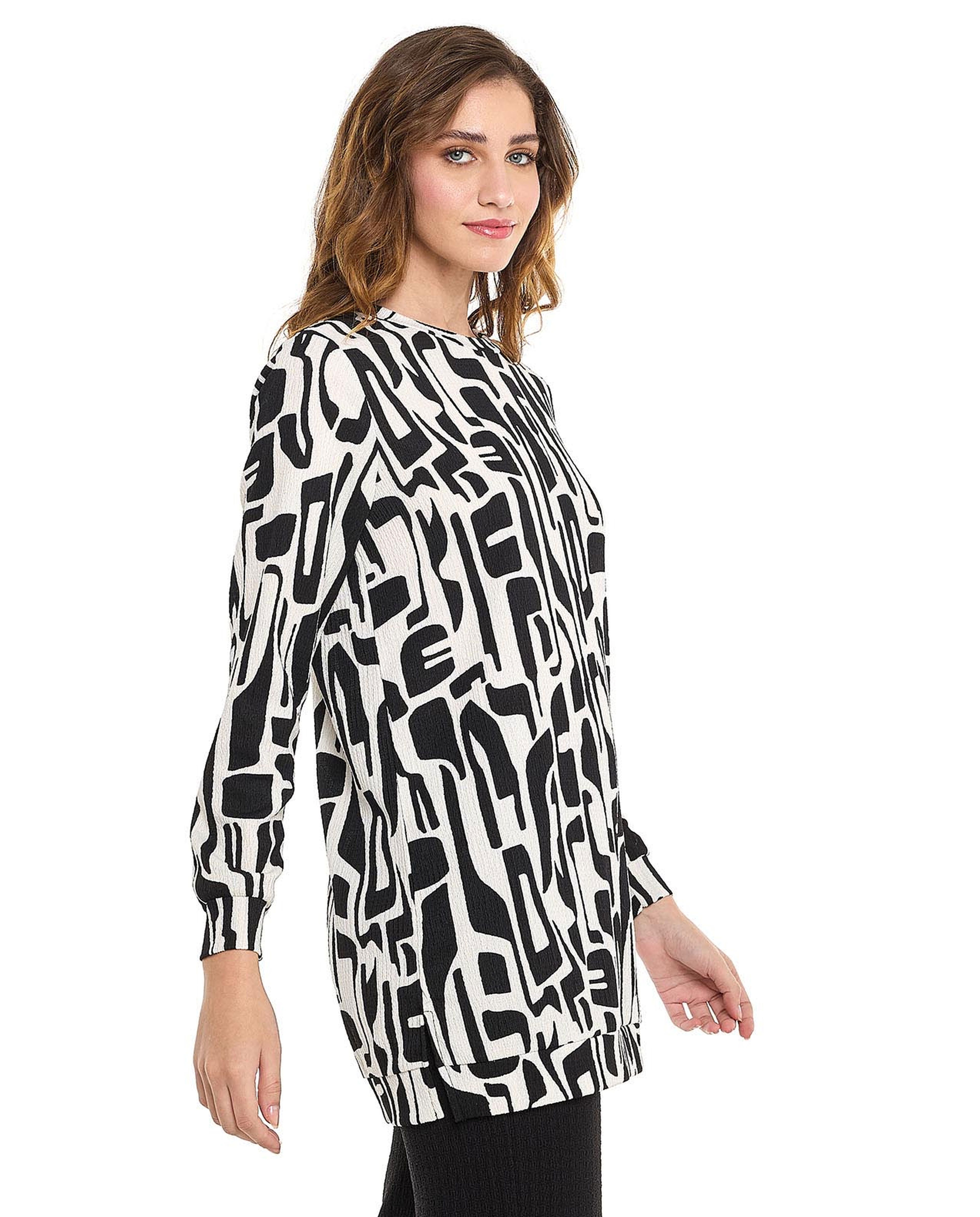 Patterned Tunic with Crew Neck and Long Sleeves