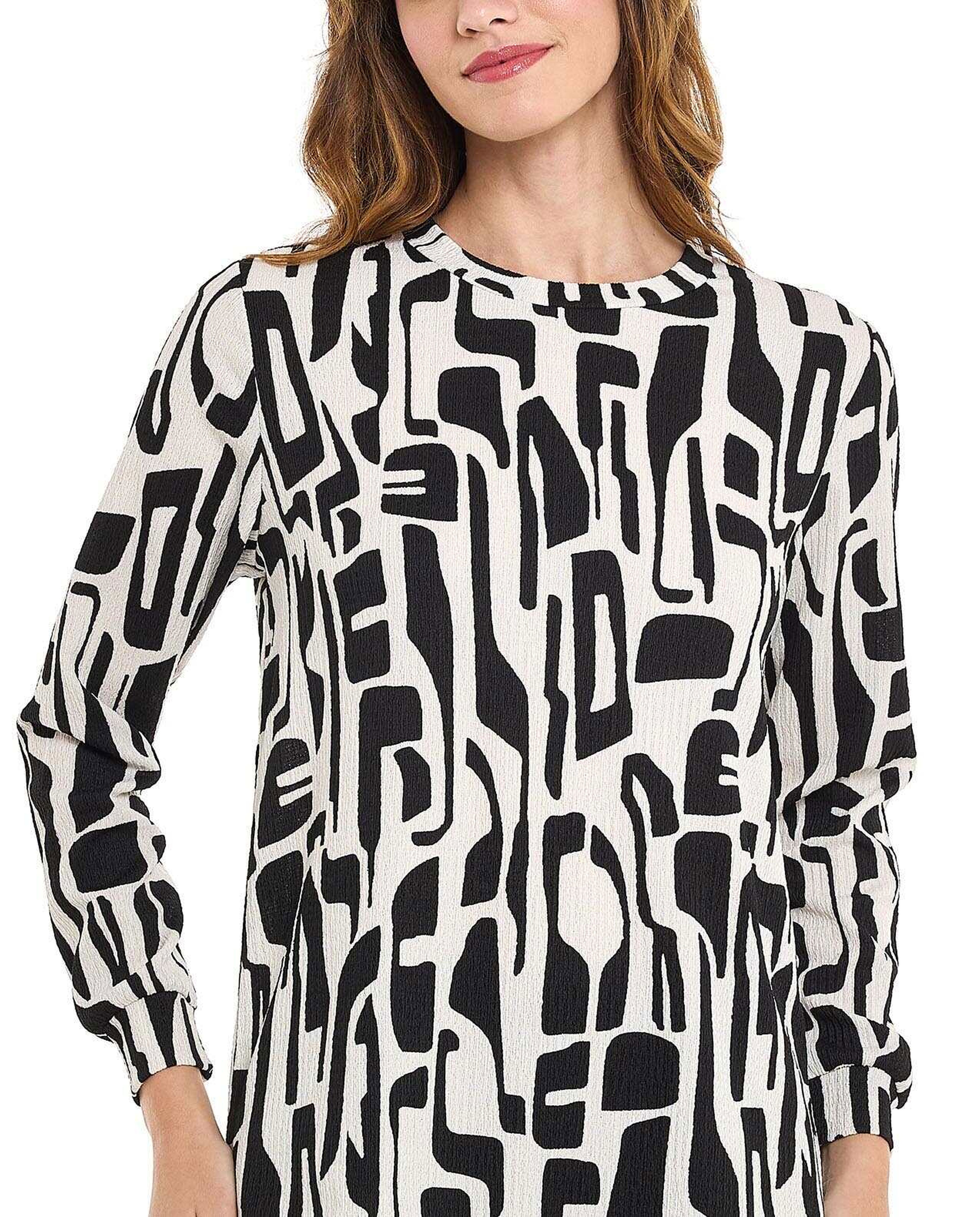 Patterned Tunic with Crew Neck and Long Sleeves