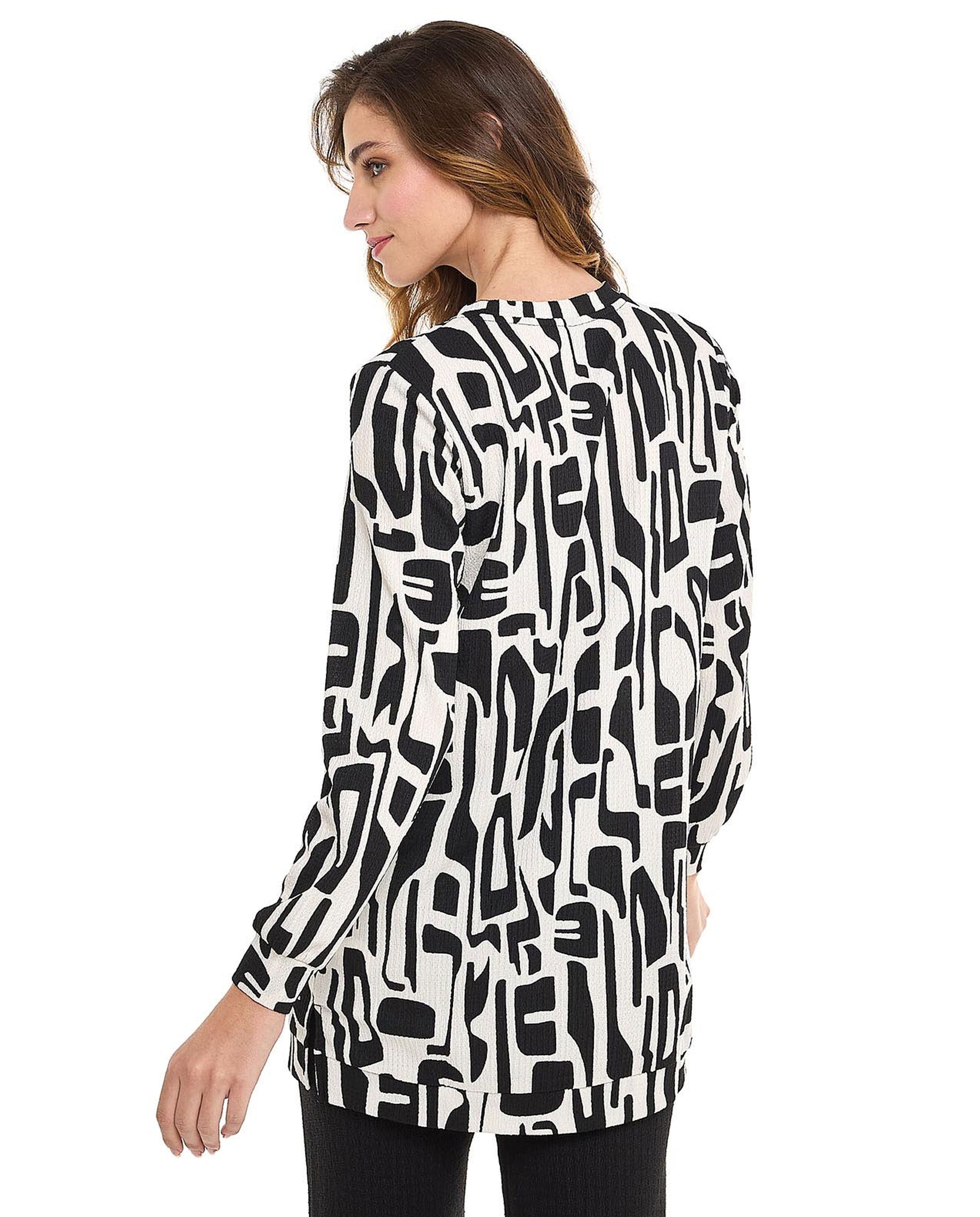 Patterned Tunic with Crew Neck and Long Sleeves