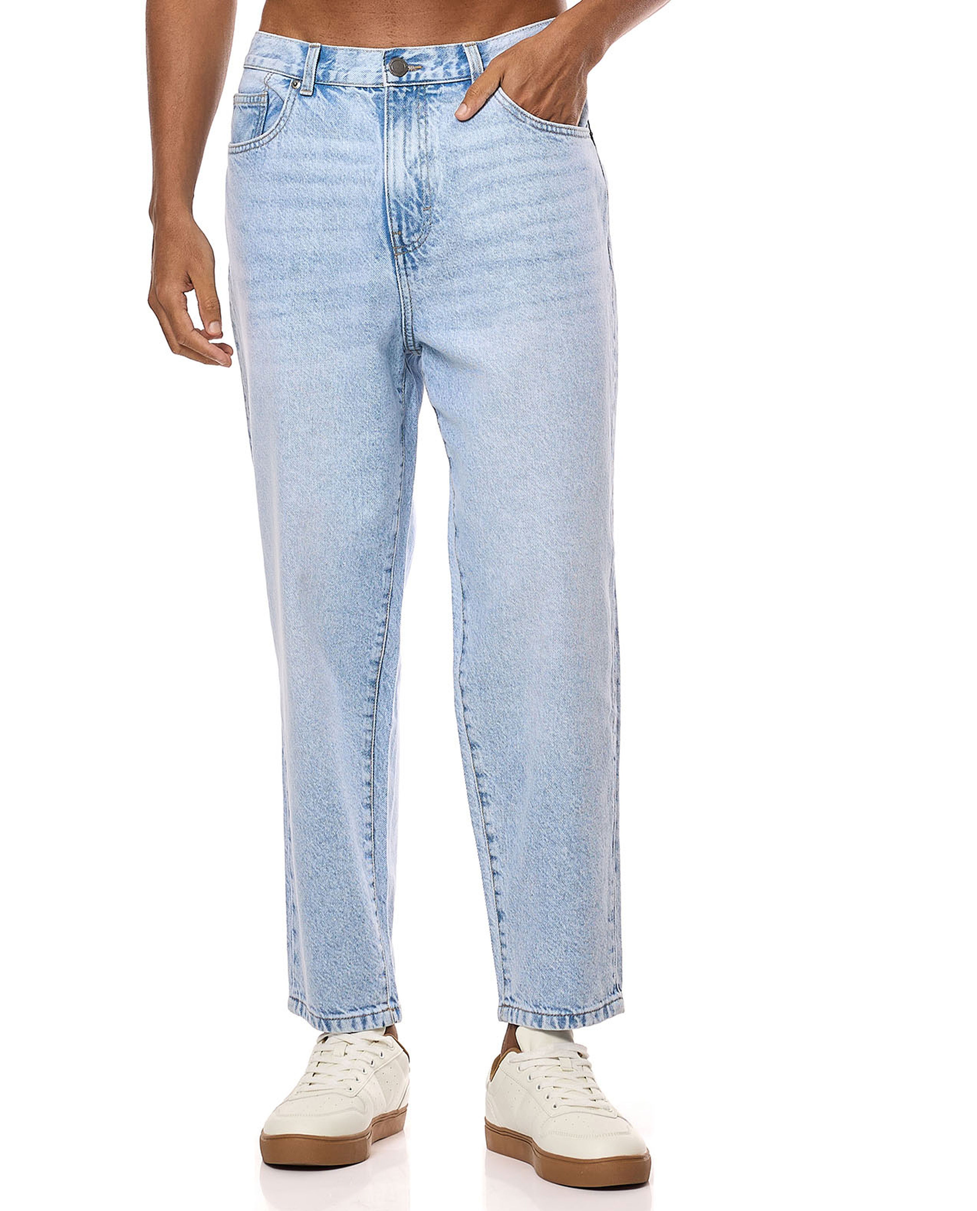 Washed Tapered Fit Jeans with Button Closure