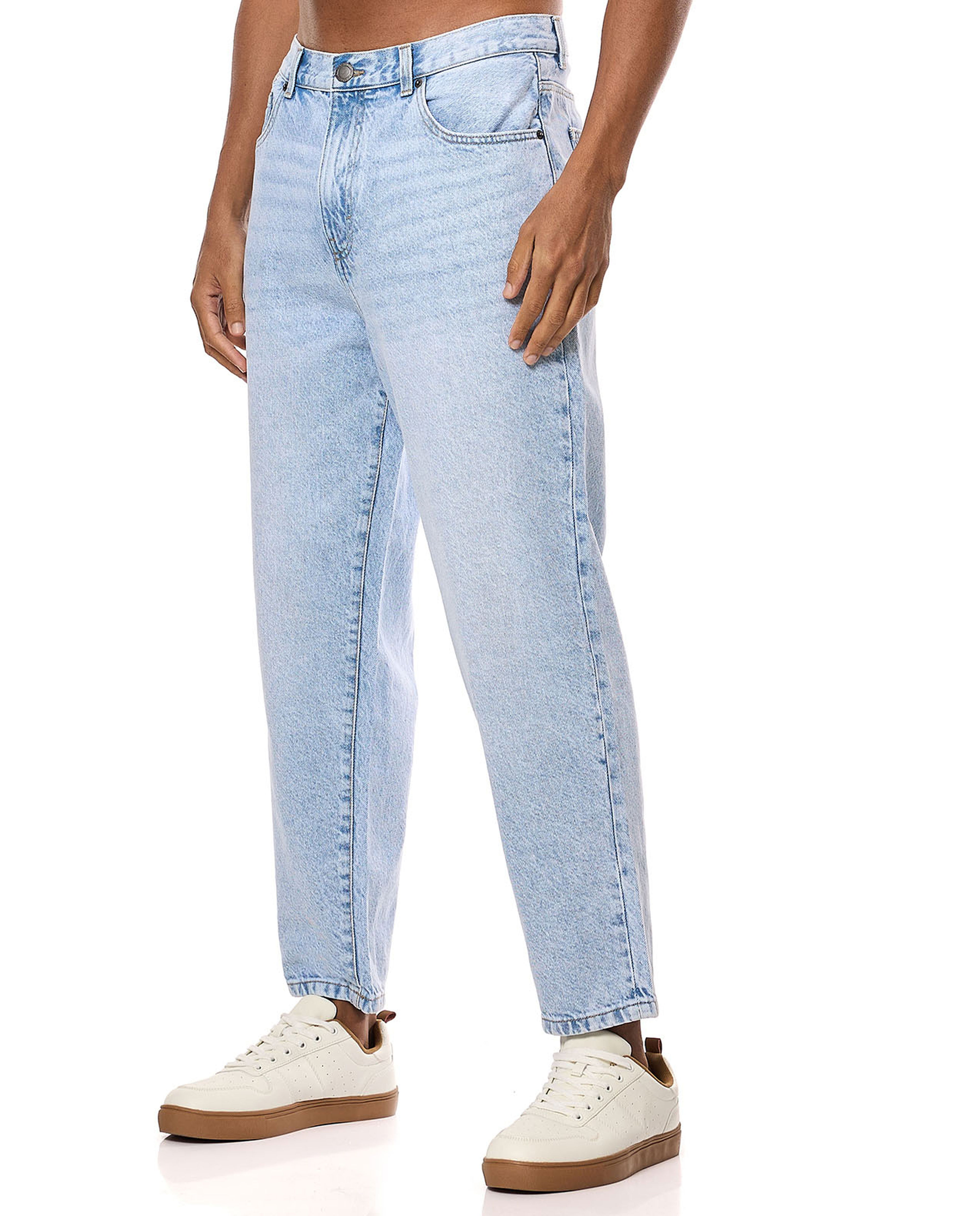 Washed Tapered Fit Jeans with Button Closure