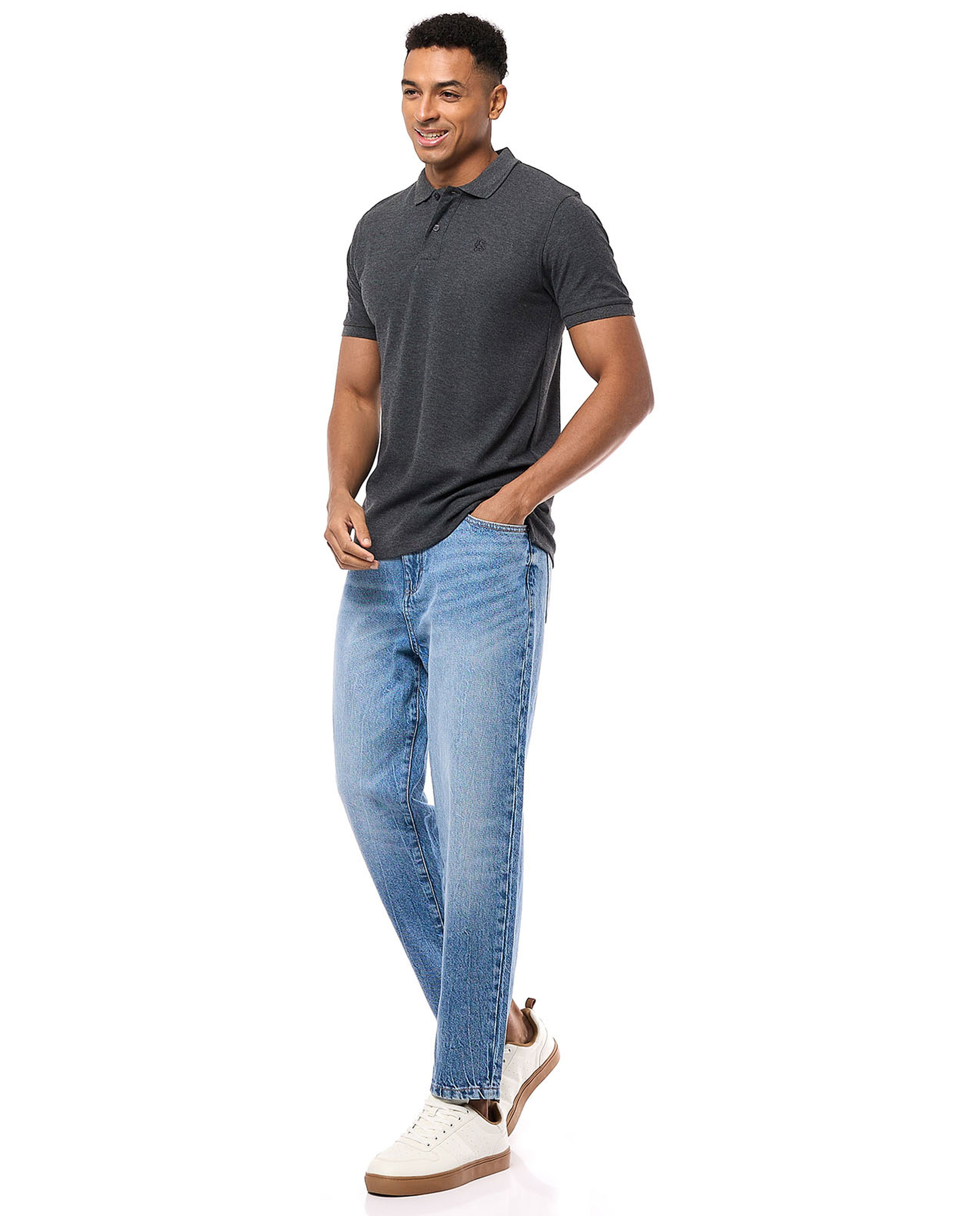 Washed Tapered Fit Jeans with Button Closure