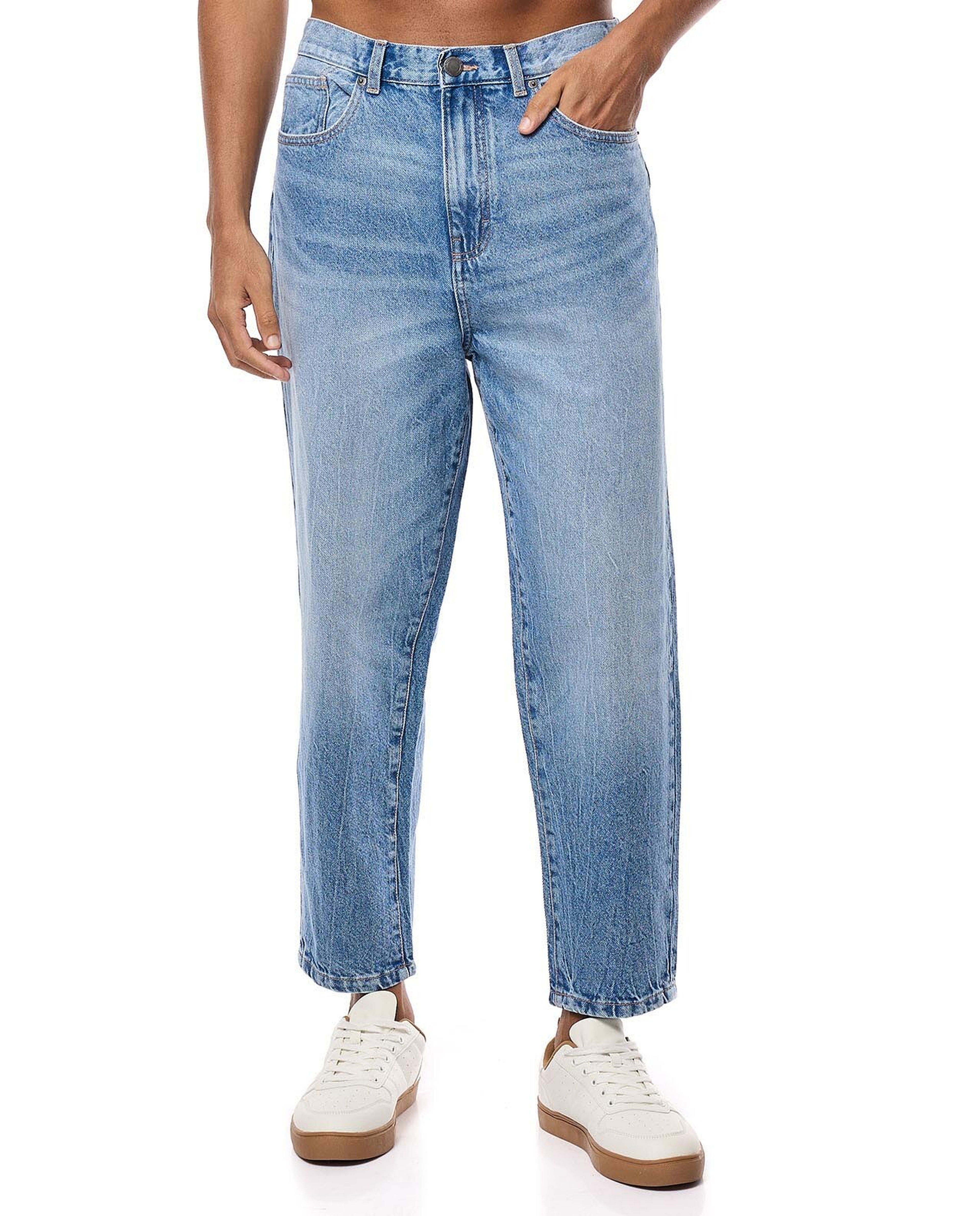 Washed Tapered Fit Jeans with Button Closure