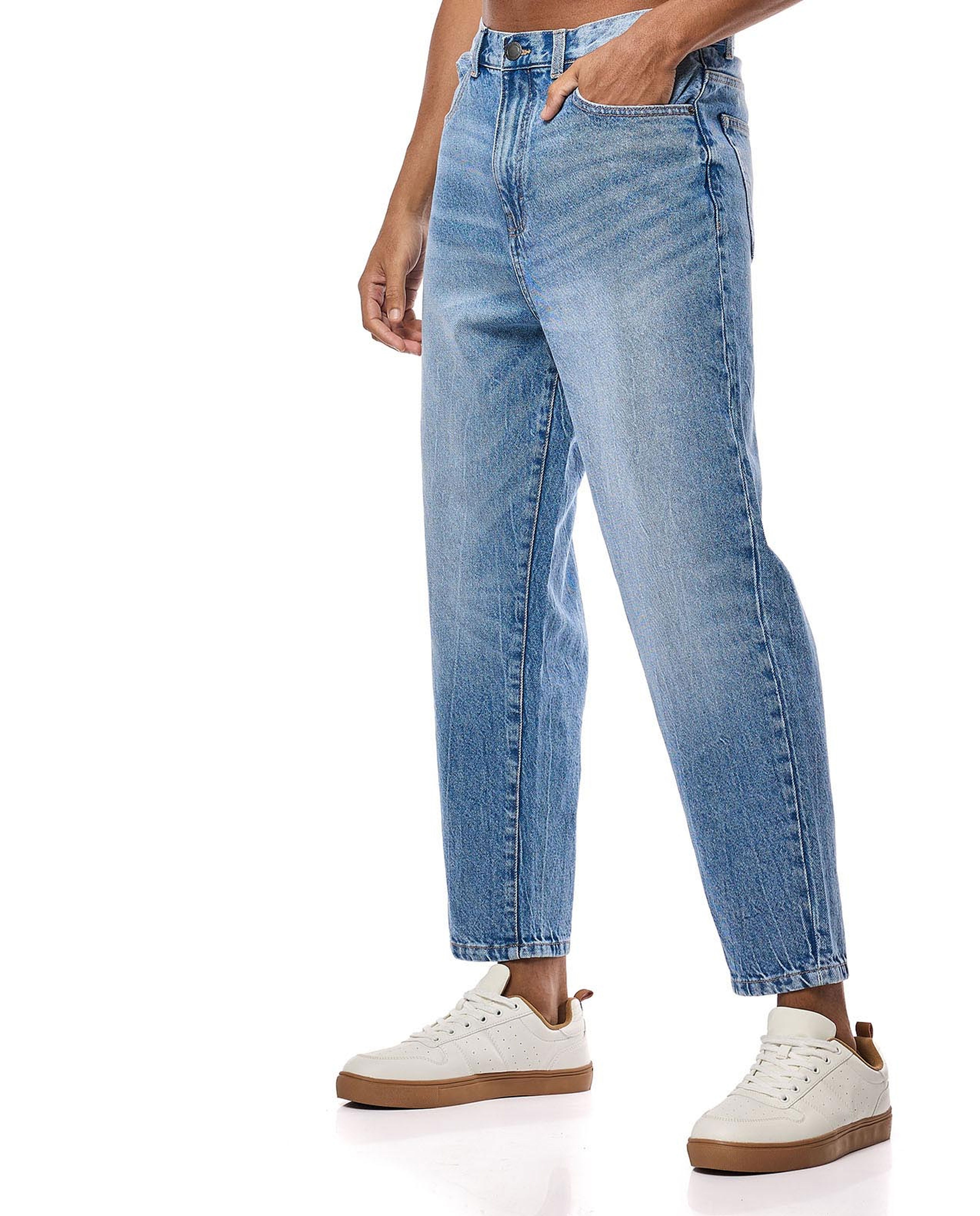 Washed Tapered Fit Jeans with Button Closure