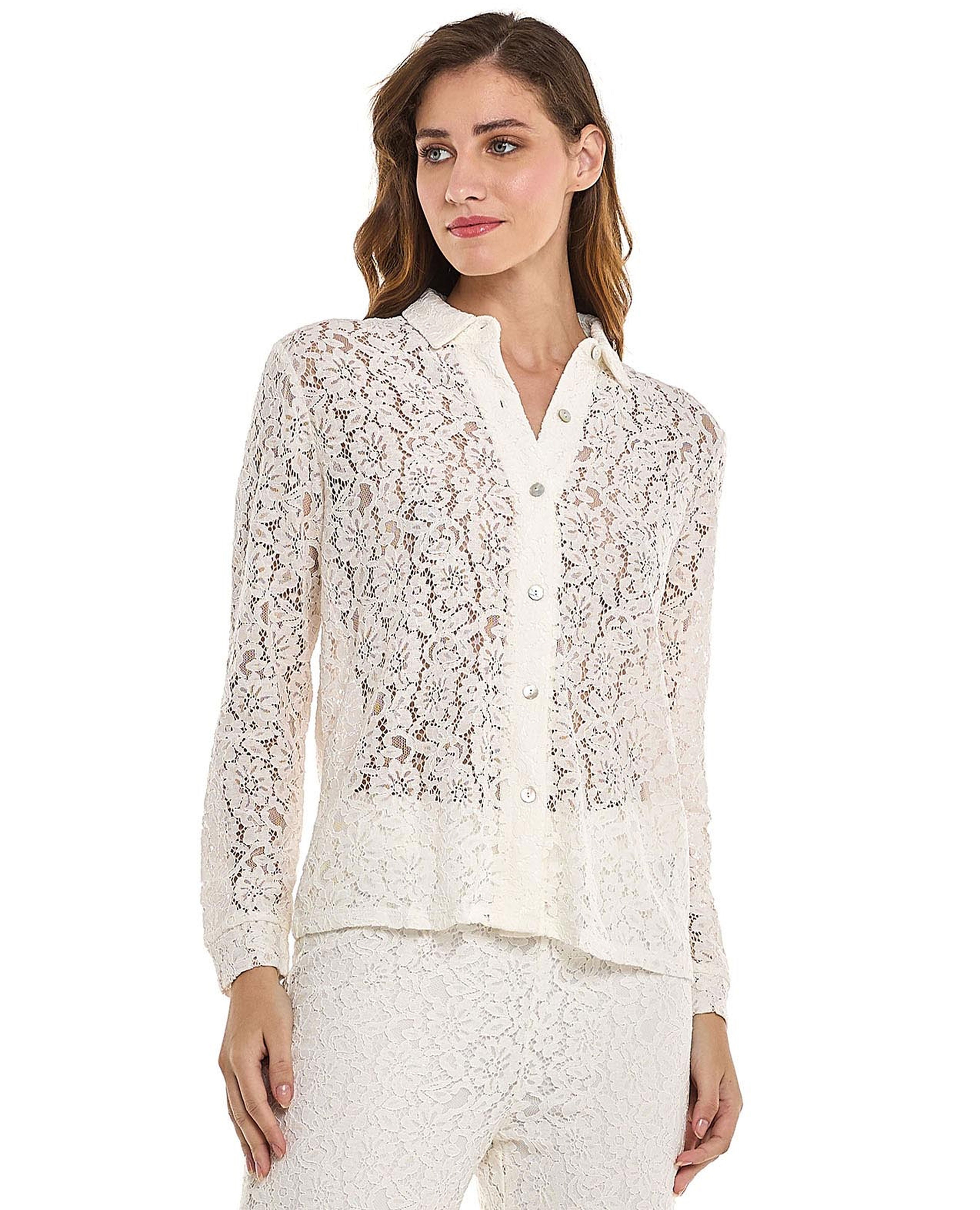 Openwork Shirt with Spread Collar and Long Sleeves