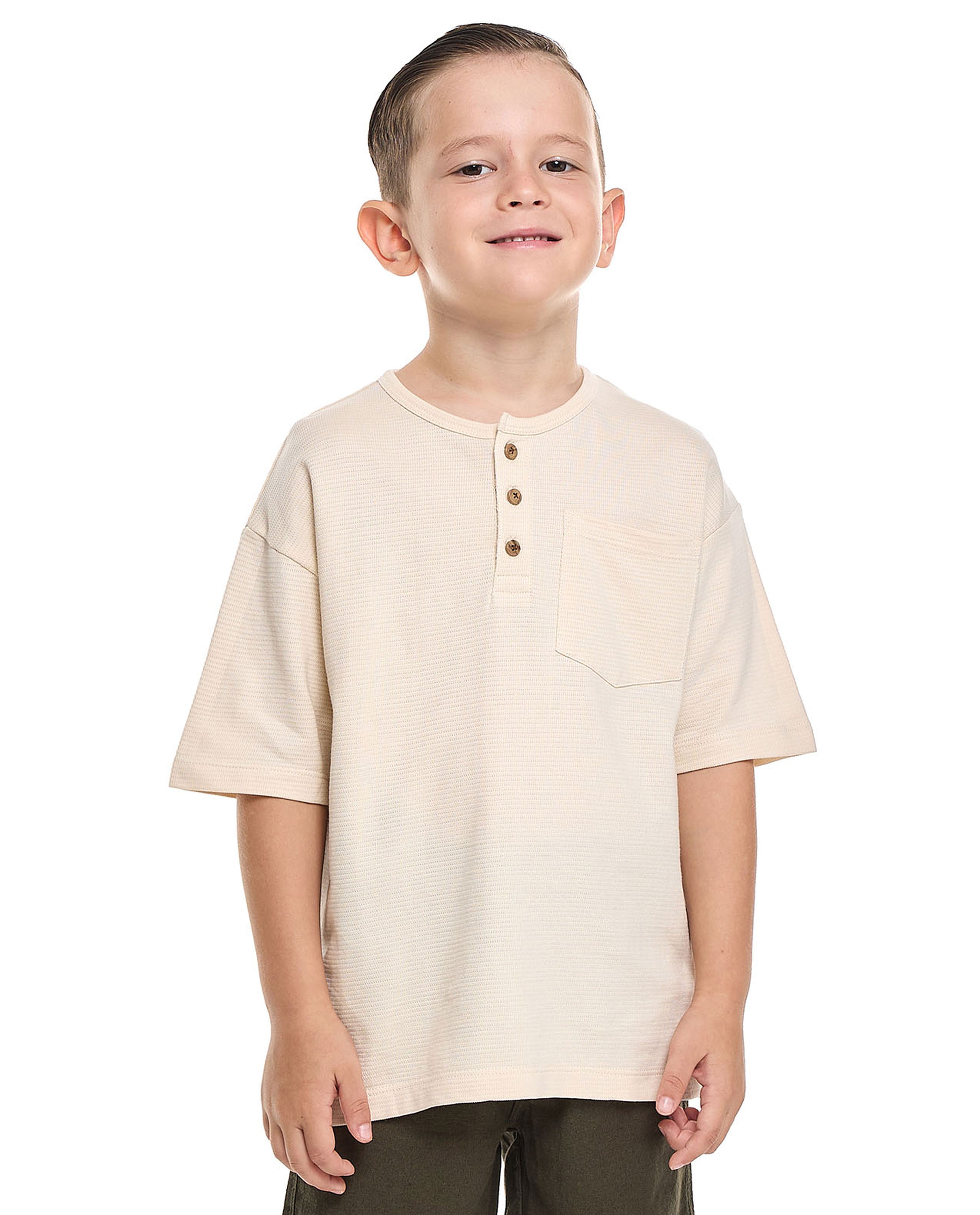 Textured T-Shirt with Henley Neck and Short Sleeves