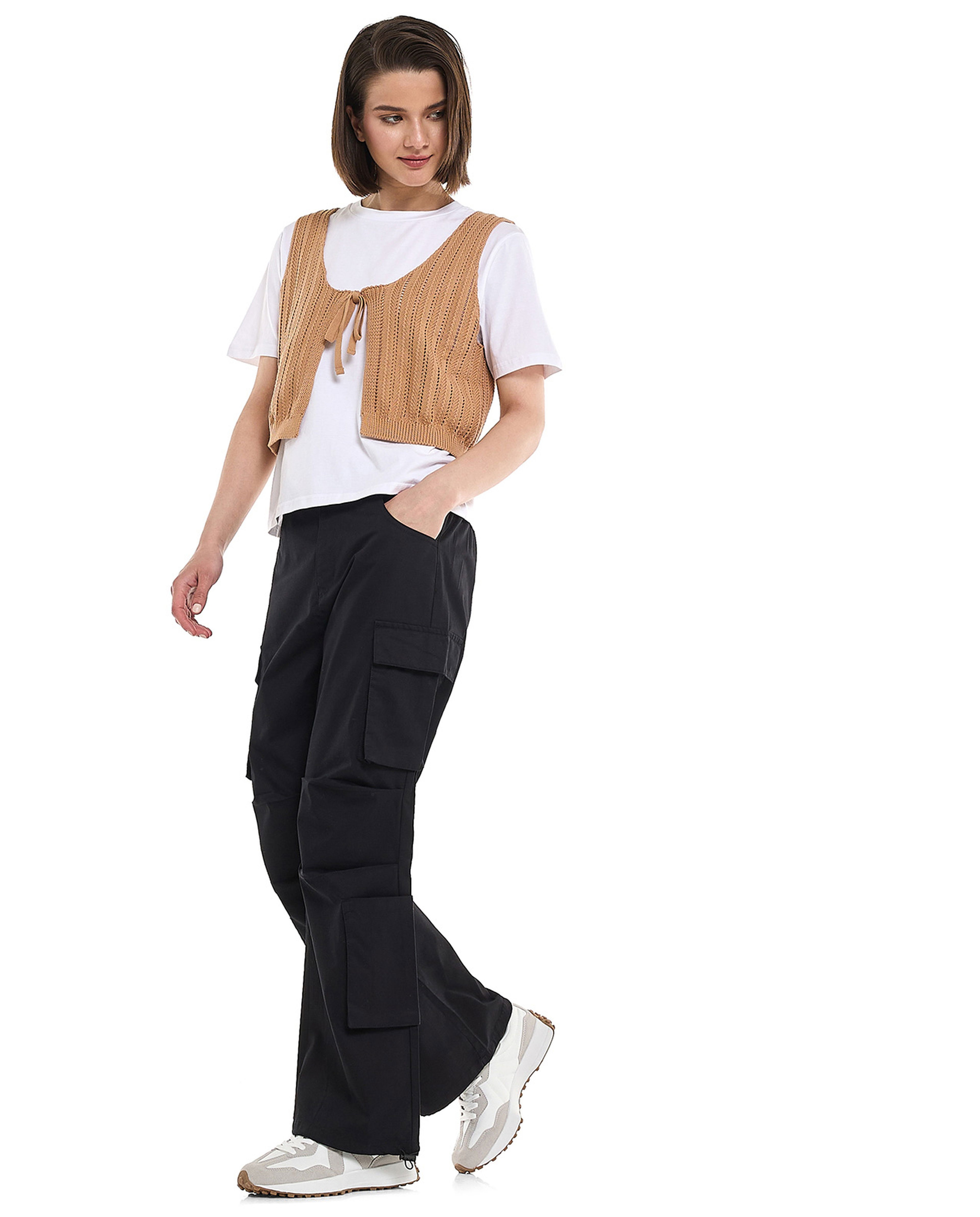 Solid Cargo Parachute Pants with Button Closure