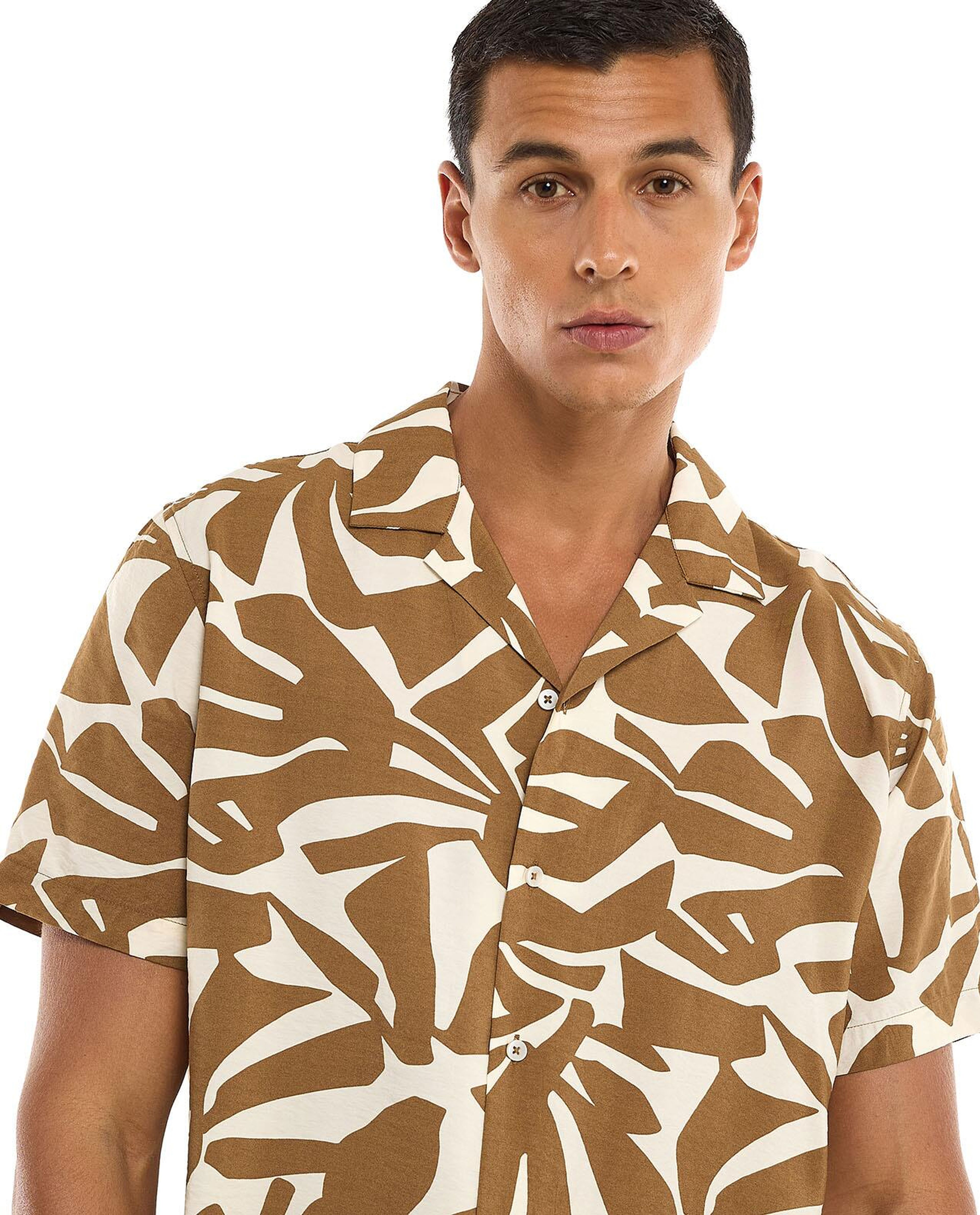 Printed Shirt with Revere Collar and Short Sleeves