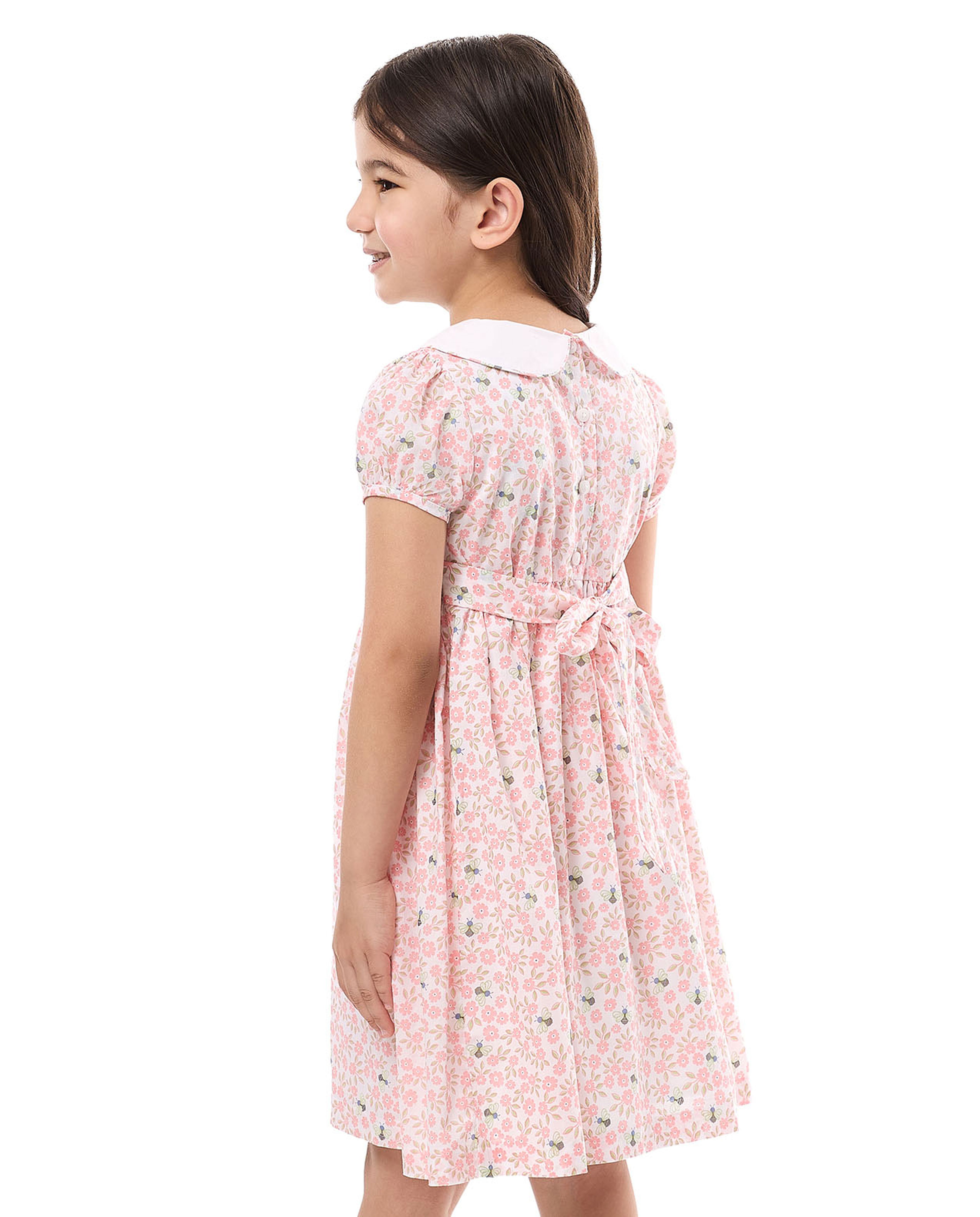 Printed Mini Dress with Peter Pan Collar and Short Sleeves