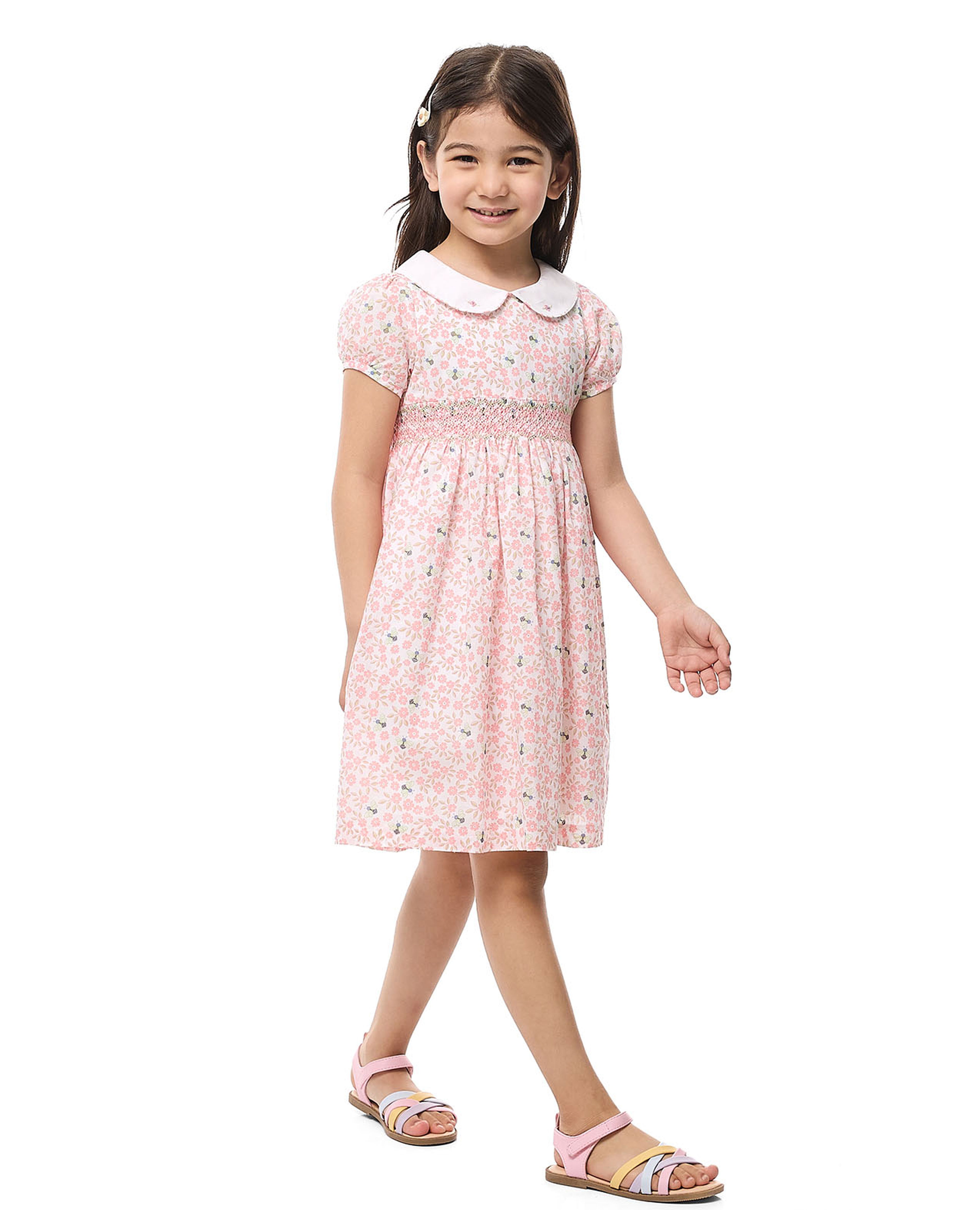 Printed Mini Dress with Peter Pan Collar and Short Sleeves