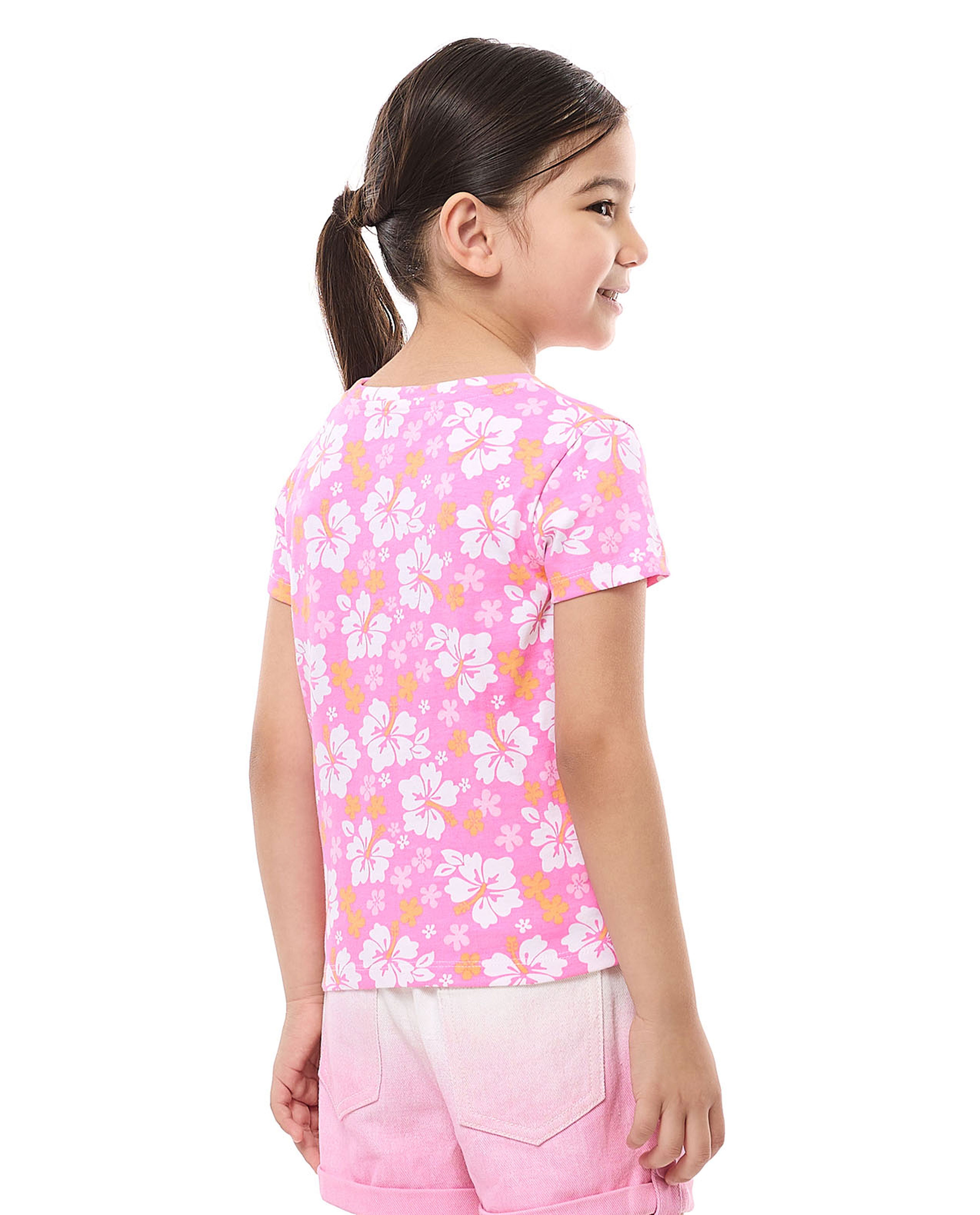 Floral Printed T-Shirt with Crew Neck and Short Sleeves