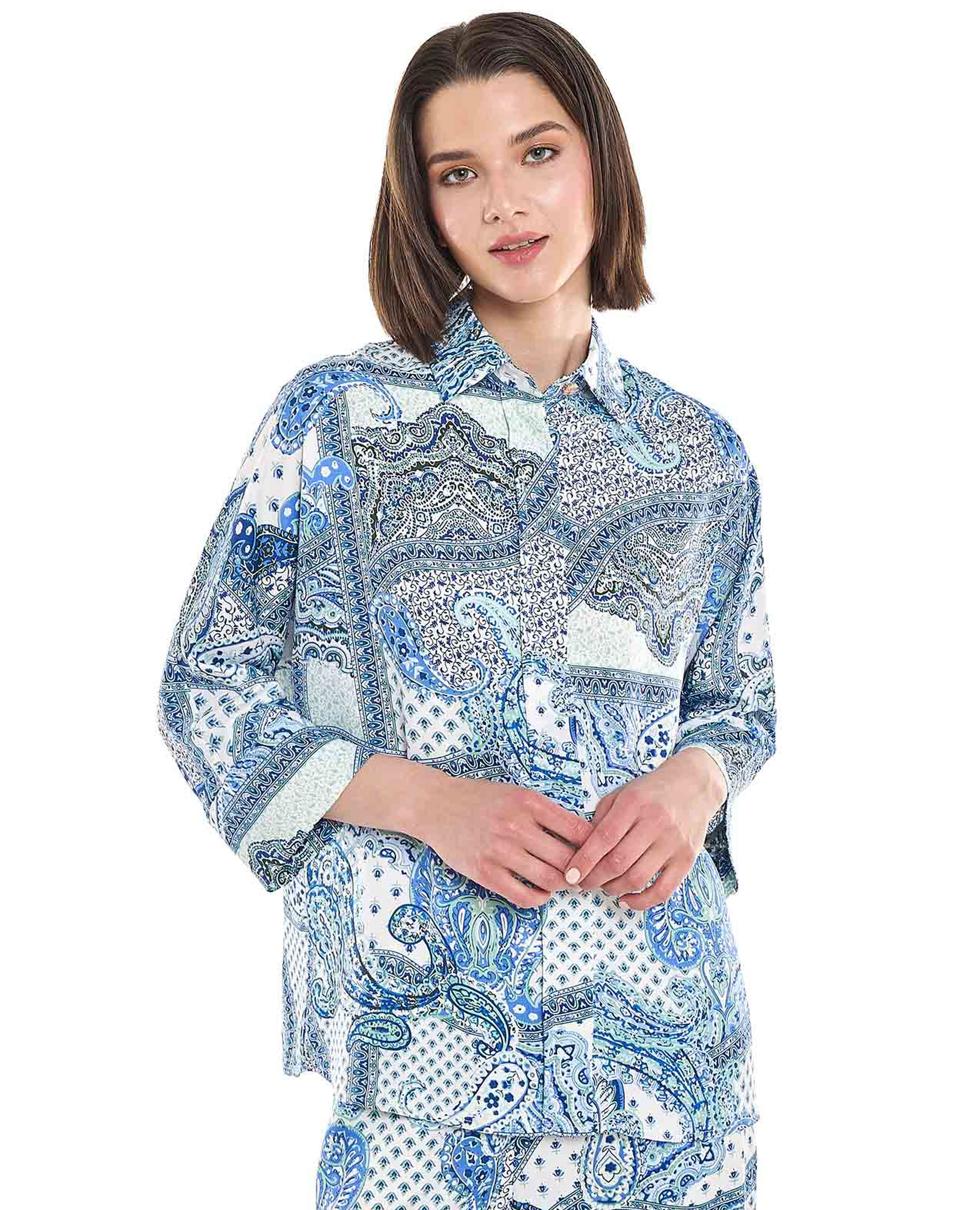 Patterned Shirt with Classic Collar and 3/4 Sleeves