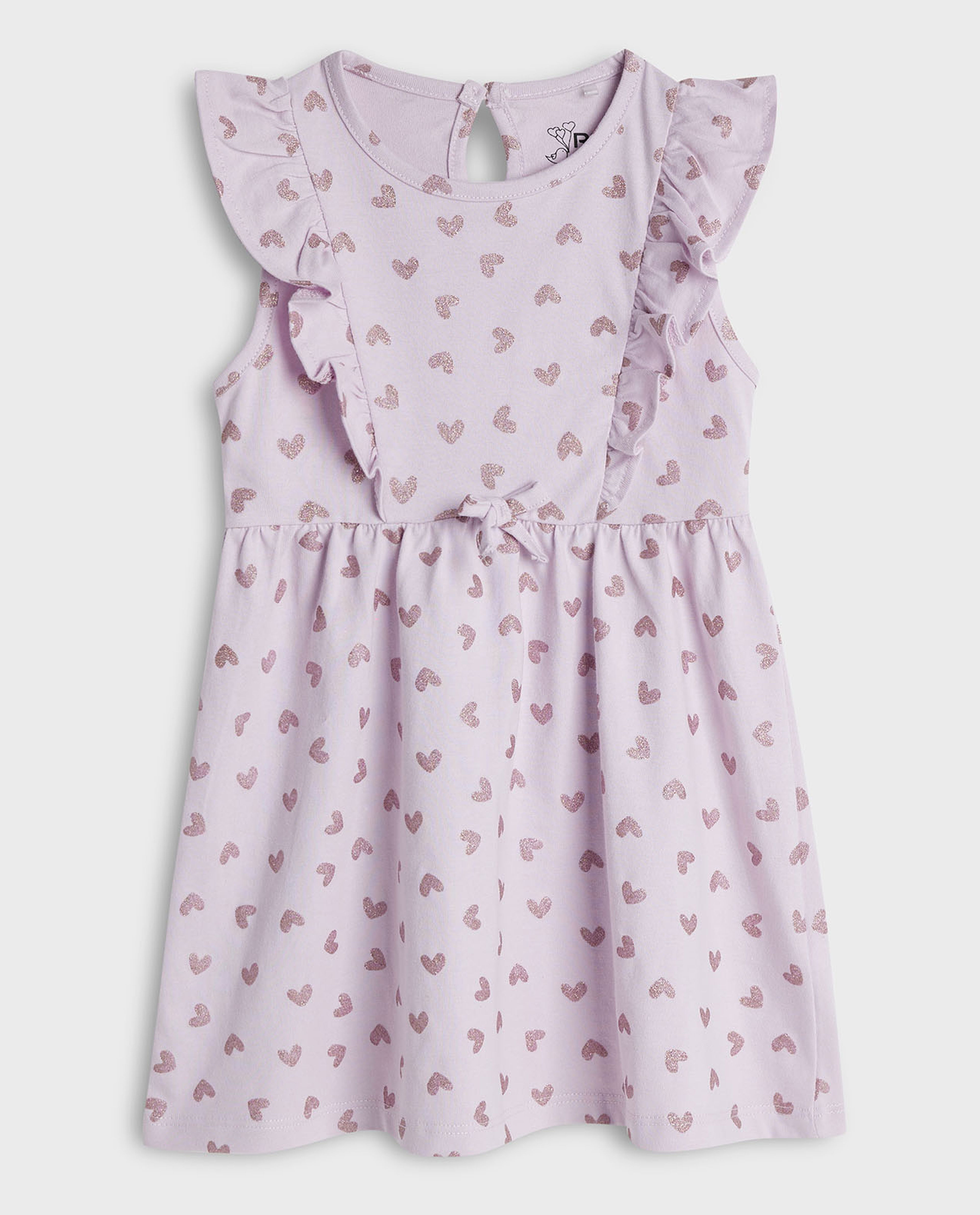 Printed Dress with Crew Neck and Ruffle Sleeves