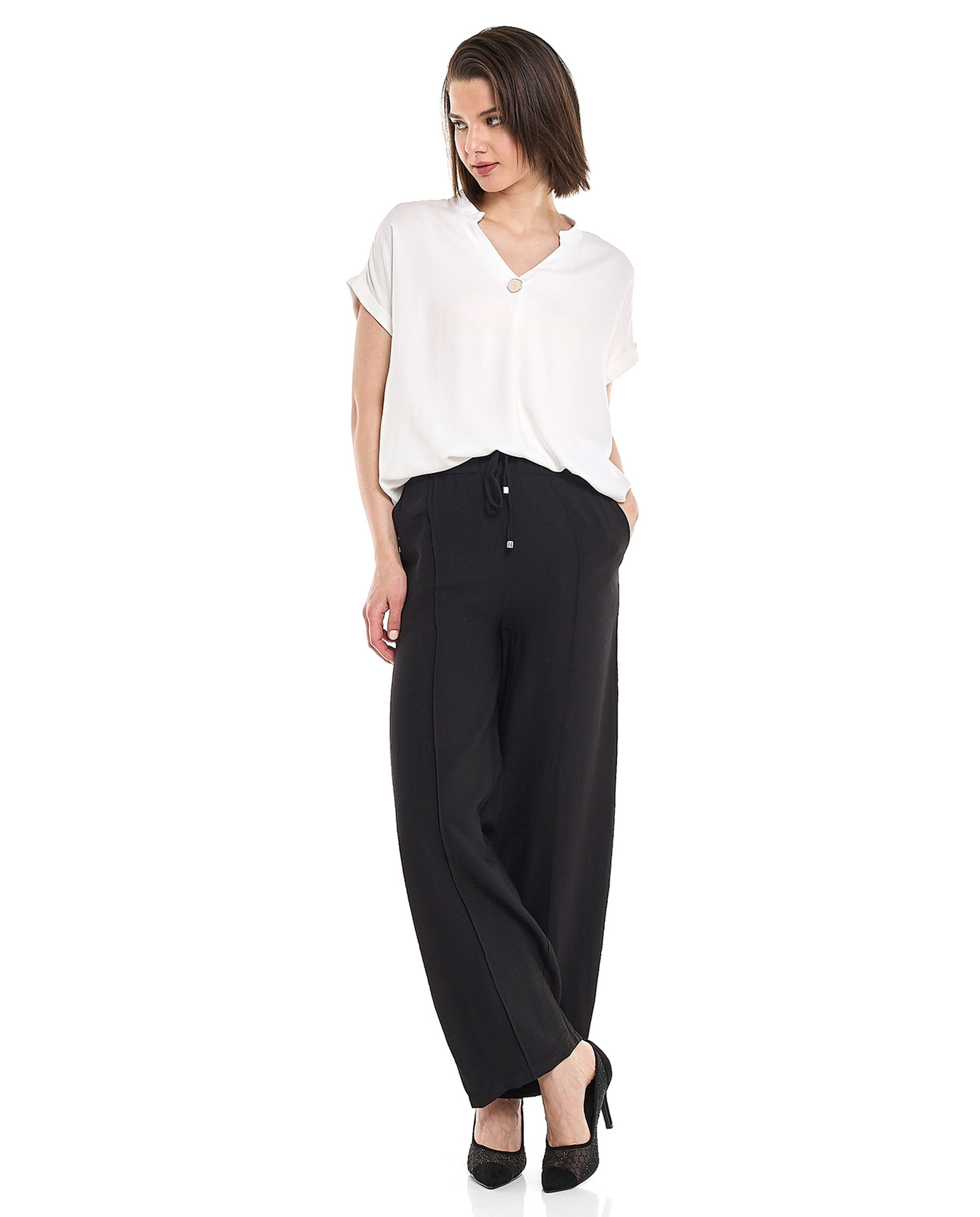 Button Detail Top with Stand Collar and Short Sleeves