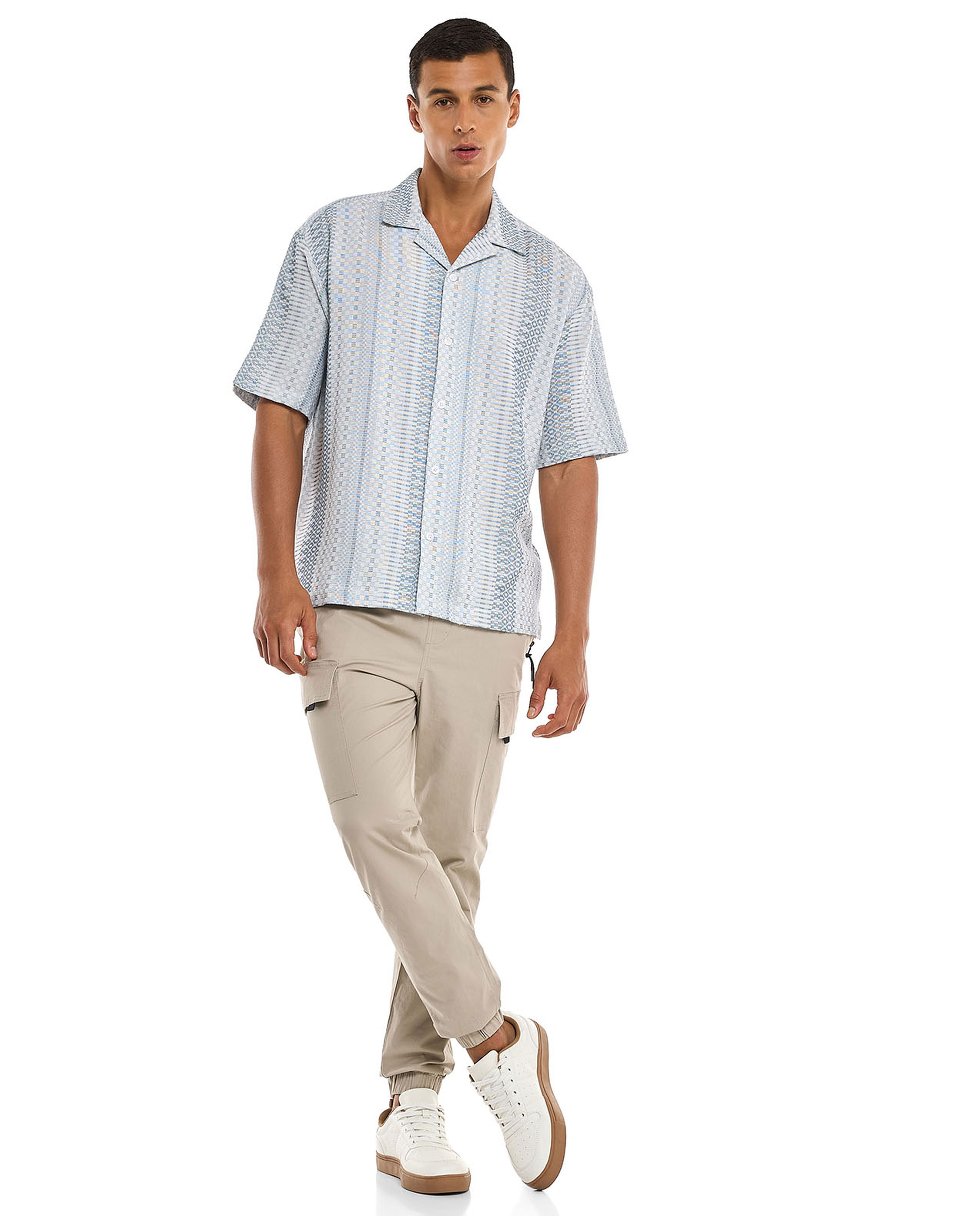 Patterned Shirt with Revere Collar and Short Sleeves