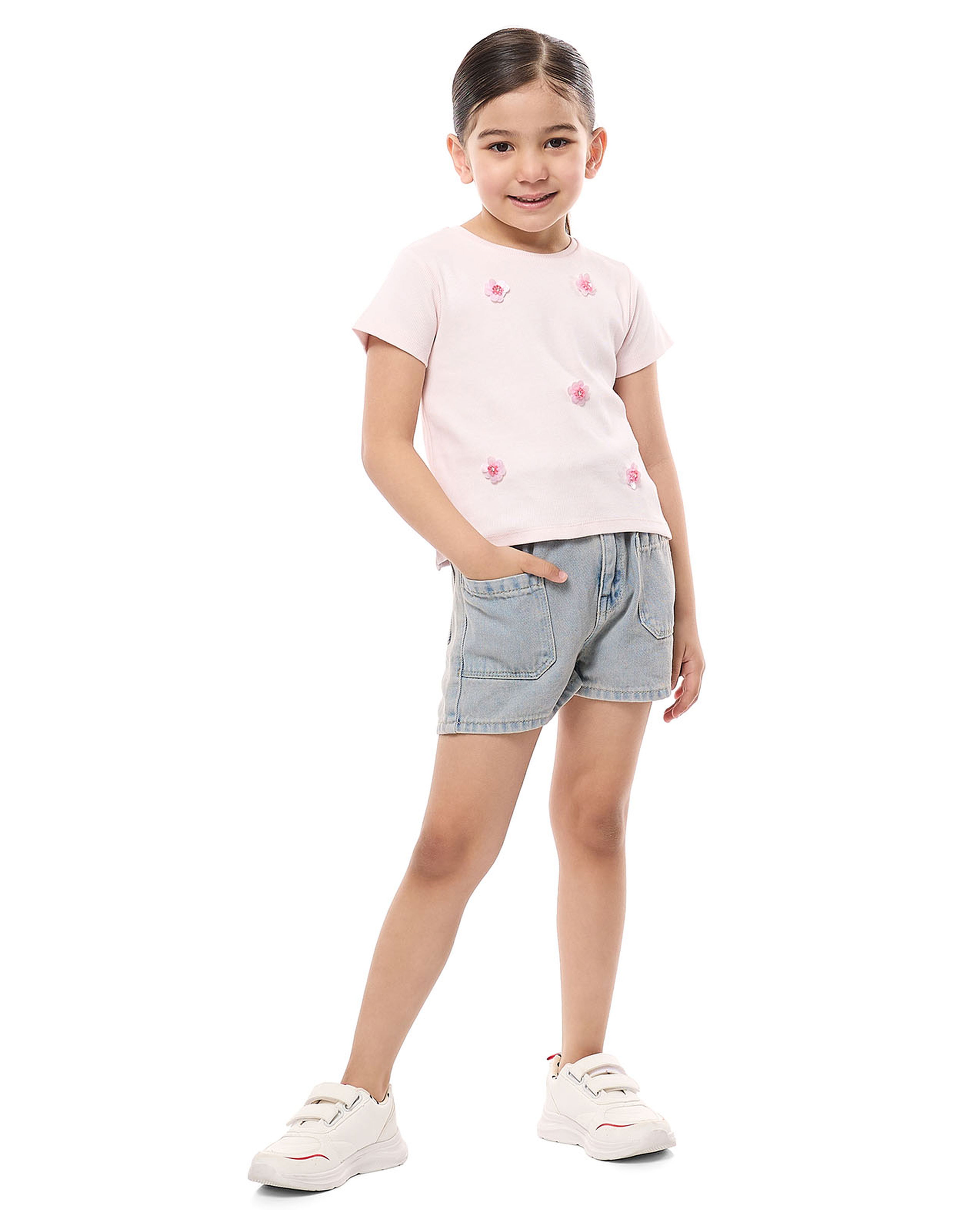 Appliqued Top and Denim Shorts Set