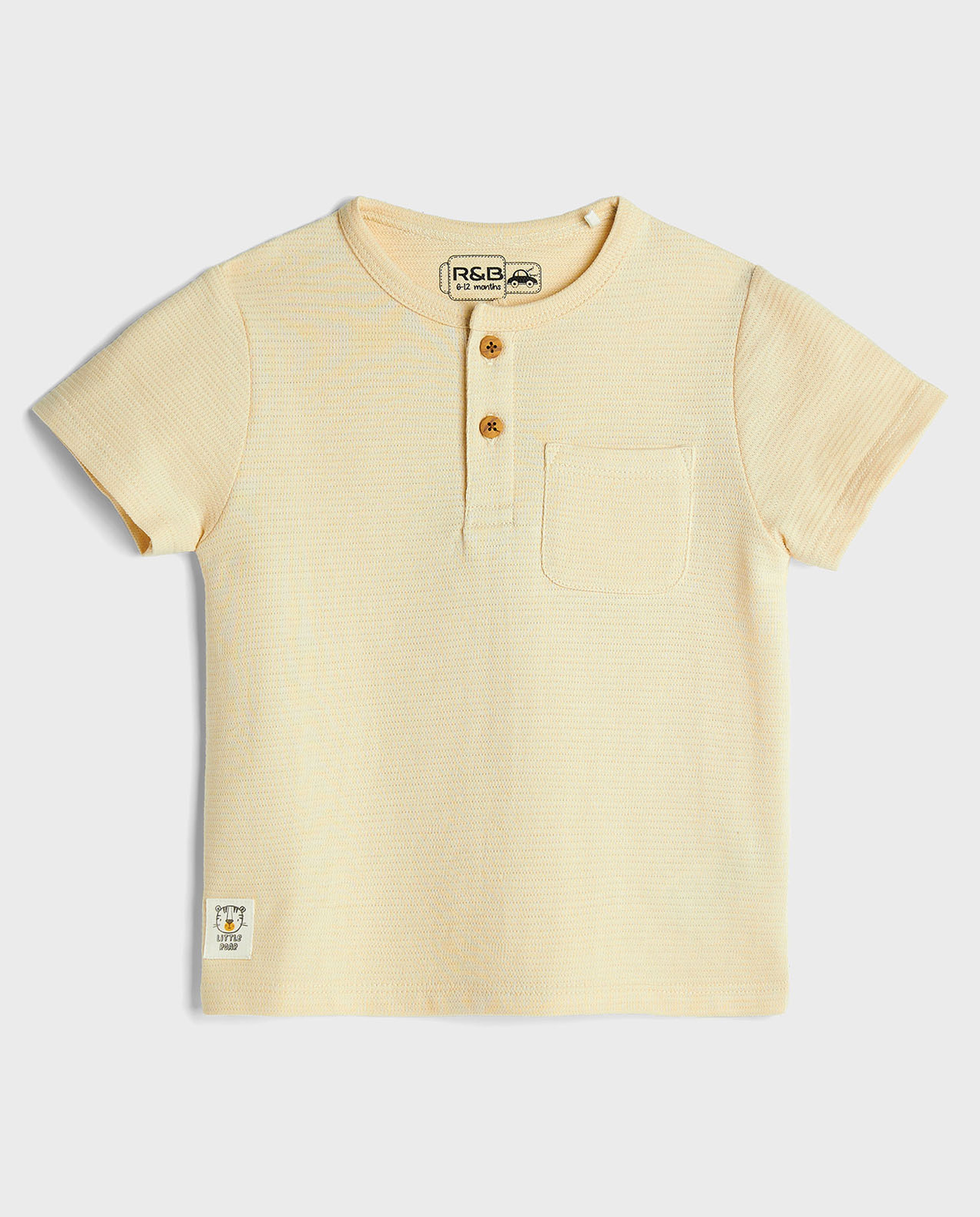 Pocket Detail T-Shirt with Henley Neck and Short Sleeves