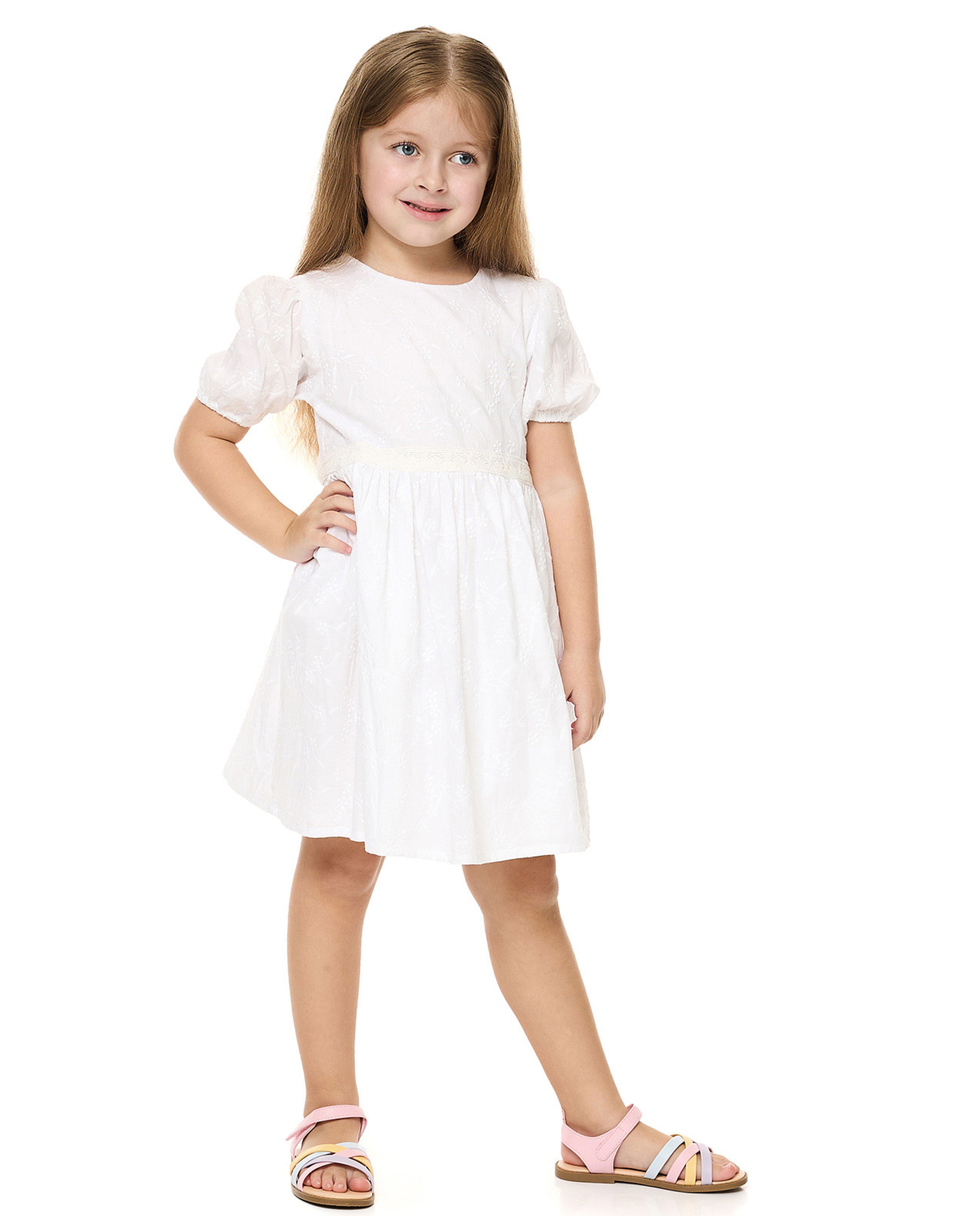 Embroidered Fit and Flare Dress with Crew Neck and Puff Sleeves