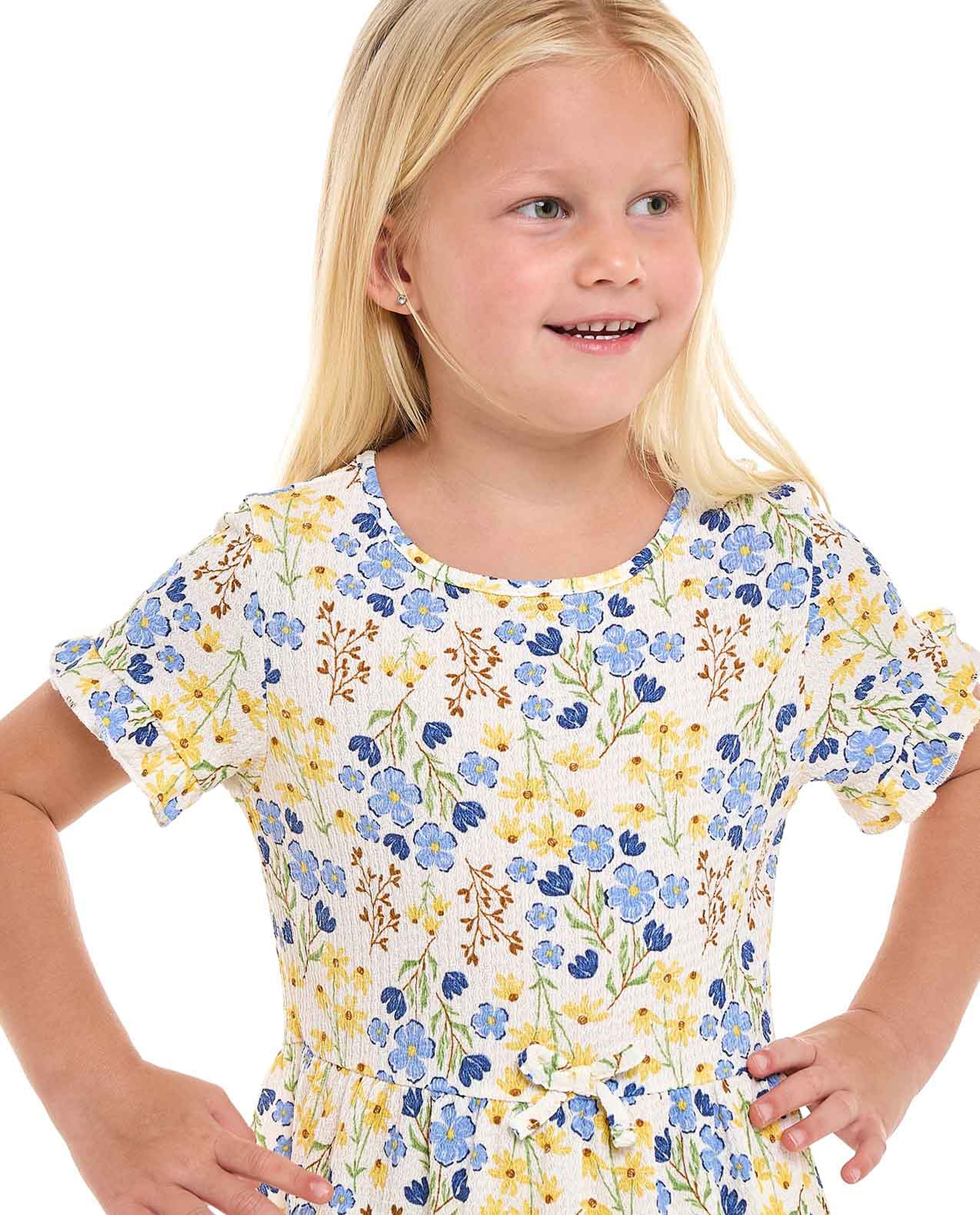 Floral Printed Tiered Dress with Crew Neck and Short Sleeves