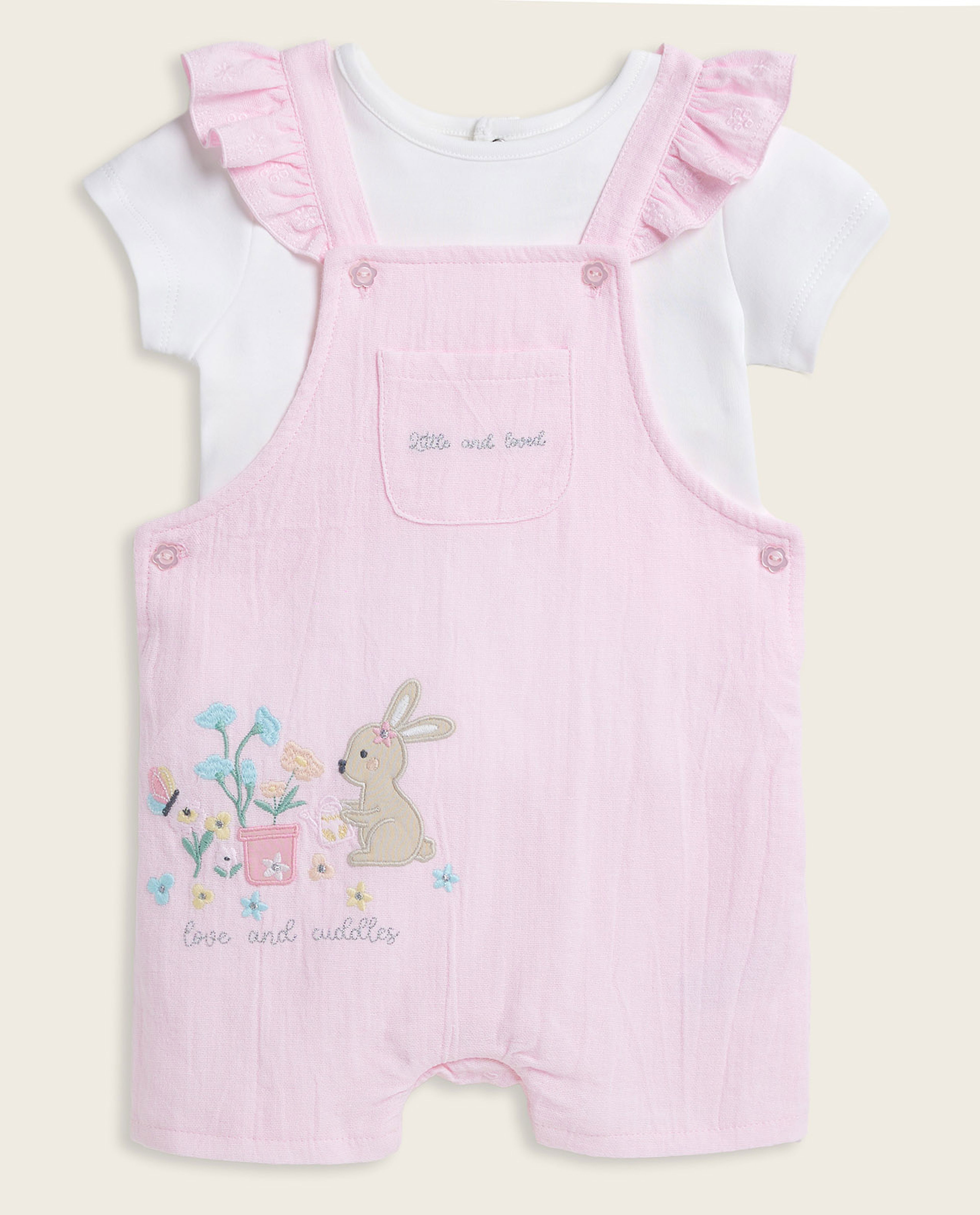 Solid T-Shirt and Embroidered Romper Set