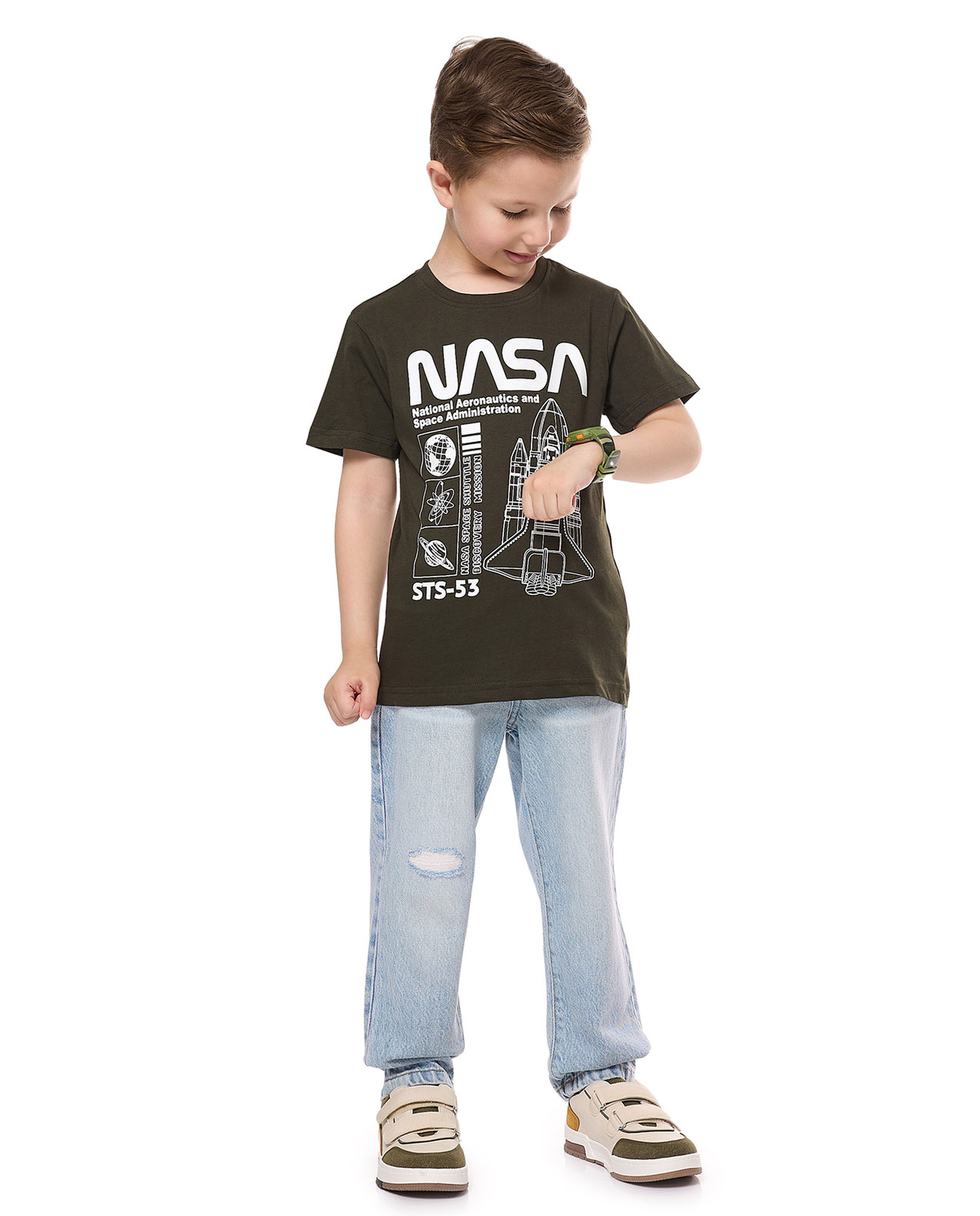 NASA Printed T-Shirt with Crew Neck and Short Sleeves