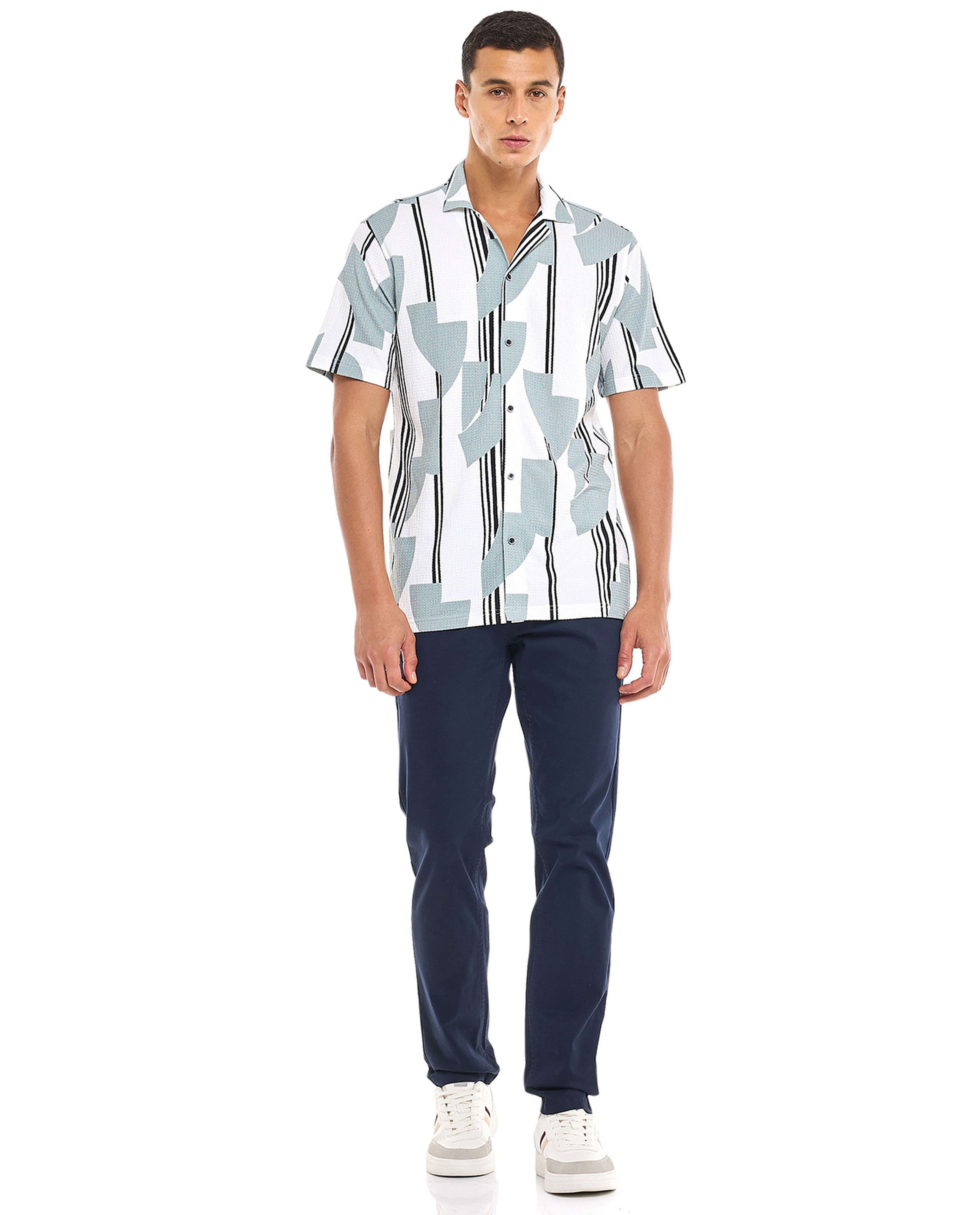 Patterned Shirt with Revere Collar and Short Sleeves