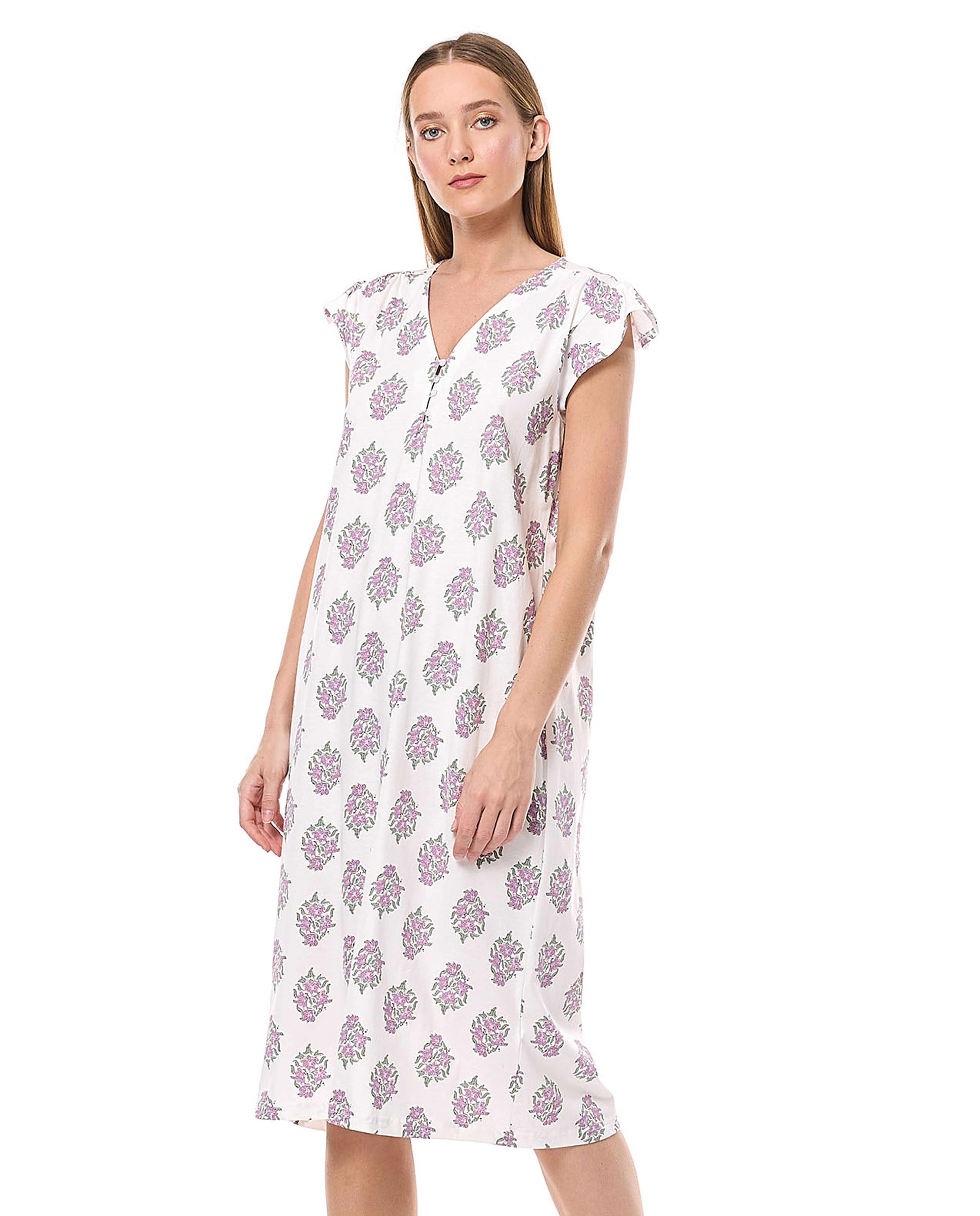 Printed Nightdress with V-Neck and Ruffle Sleeves