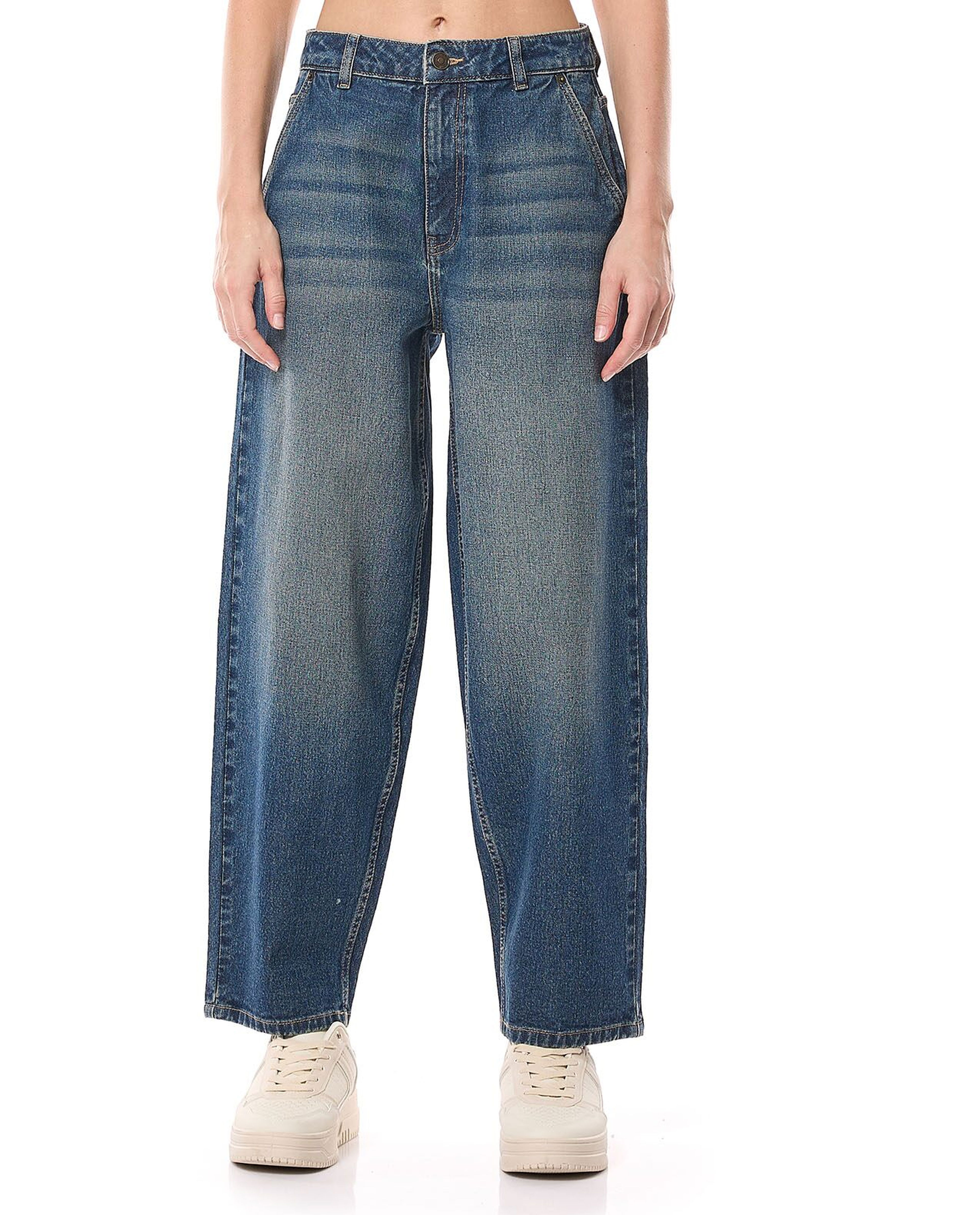 Faded Barrel Fit Jeans with Button Closure