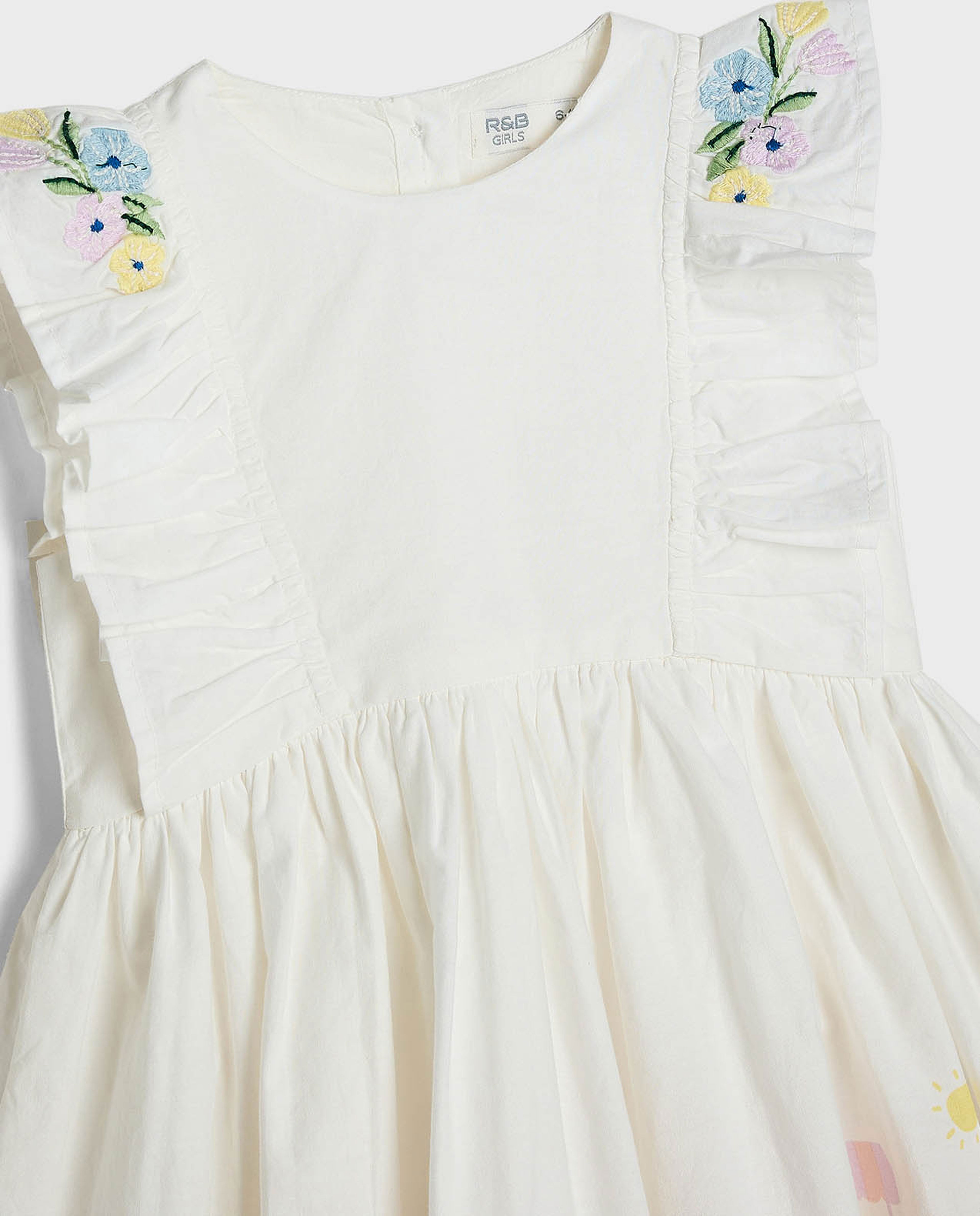 Embroidered Ruffled Dress with Crew Neck