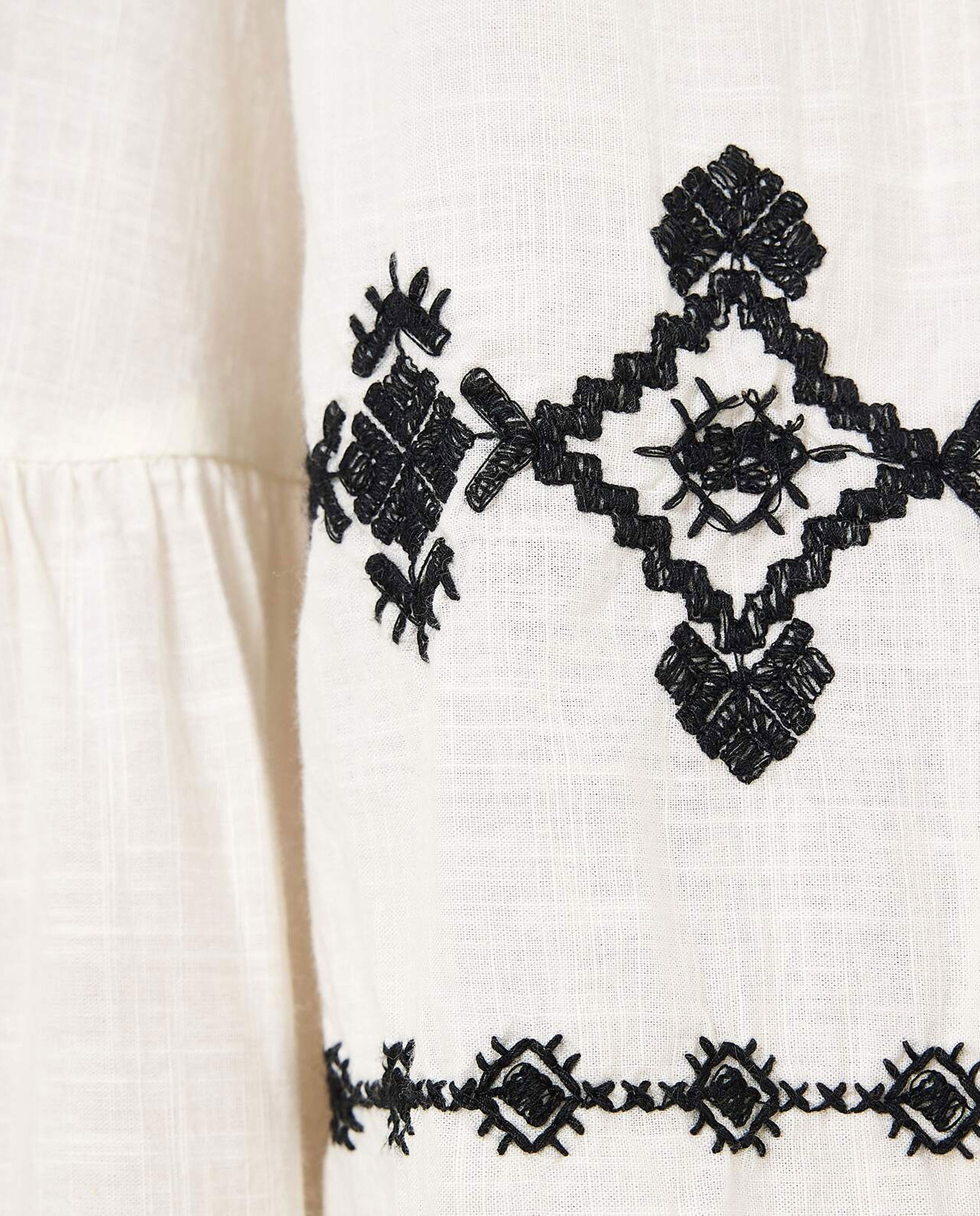 Embroidered Tiered Dress with Stand Collar and Long Sleeves