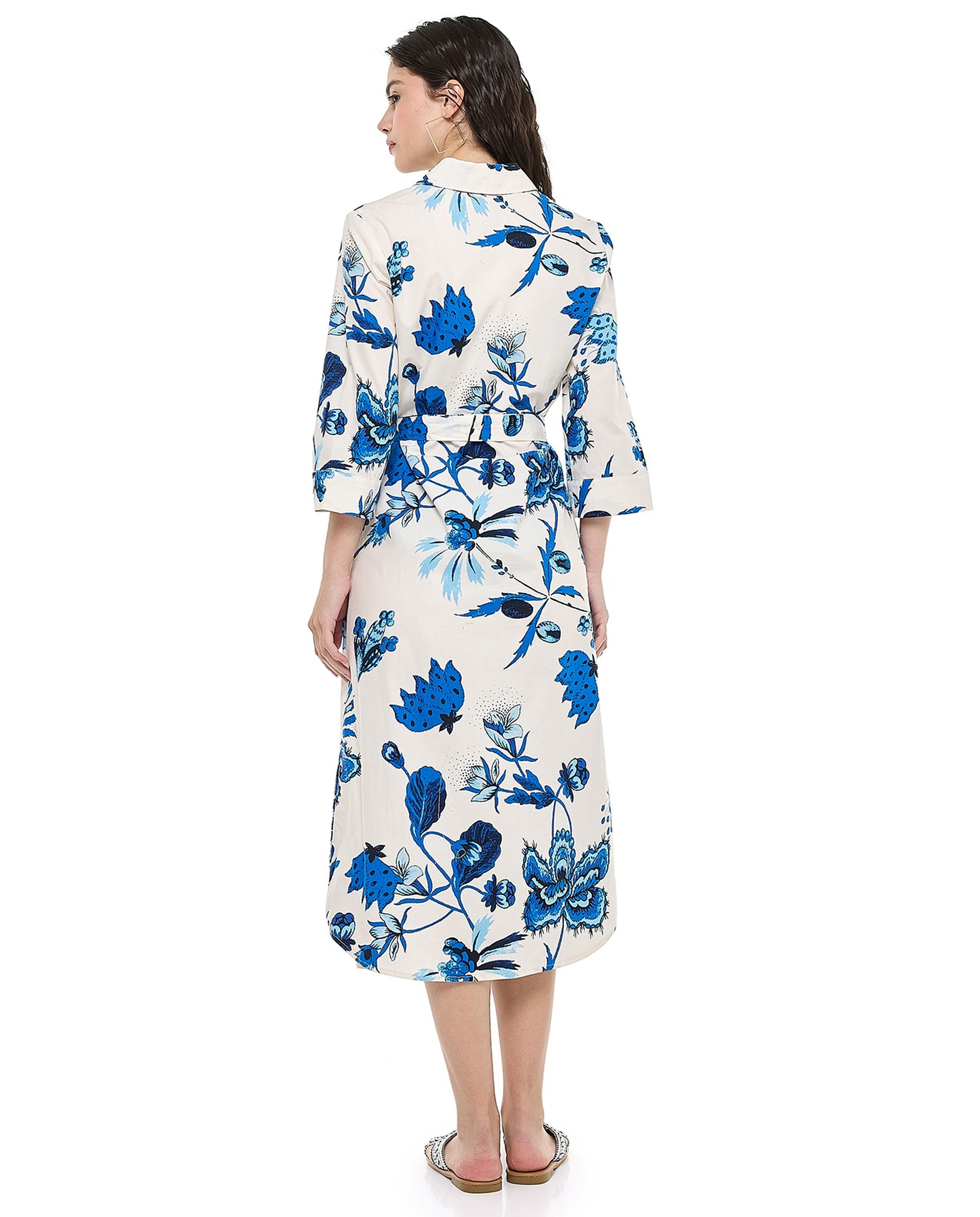 Patterned Shirt Dress with Classic Collar and 3/4 Sleeves