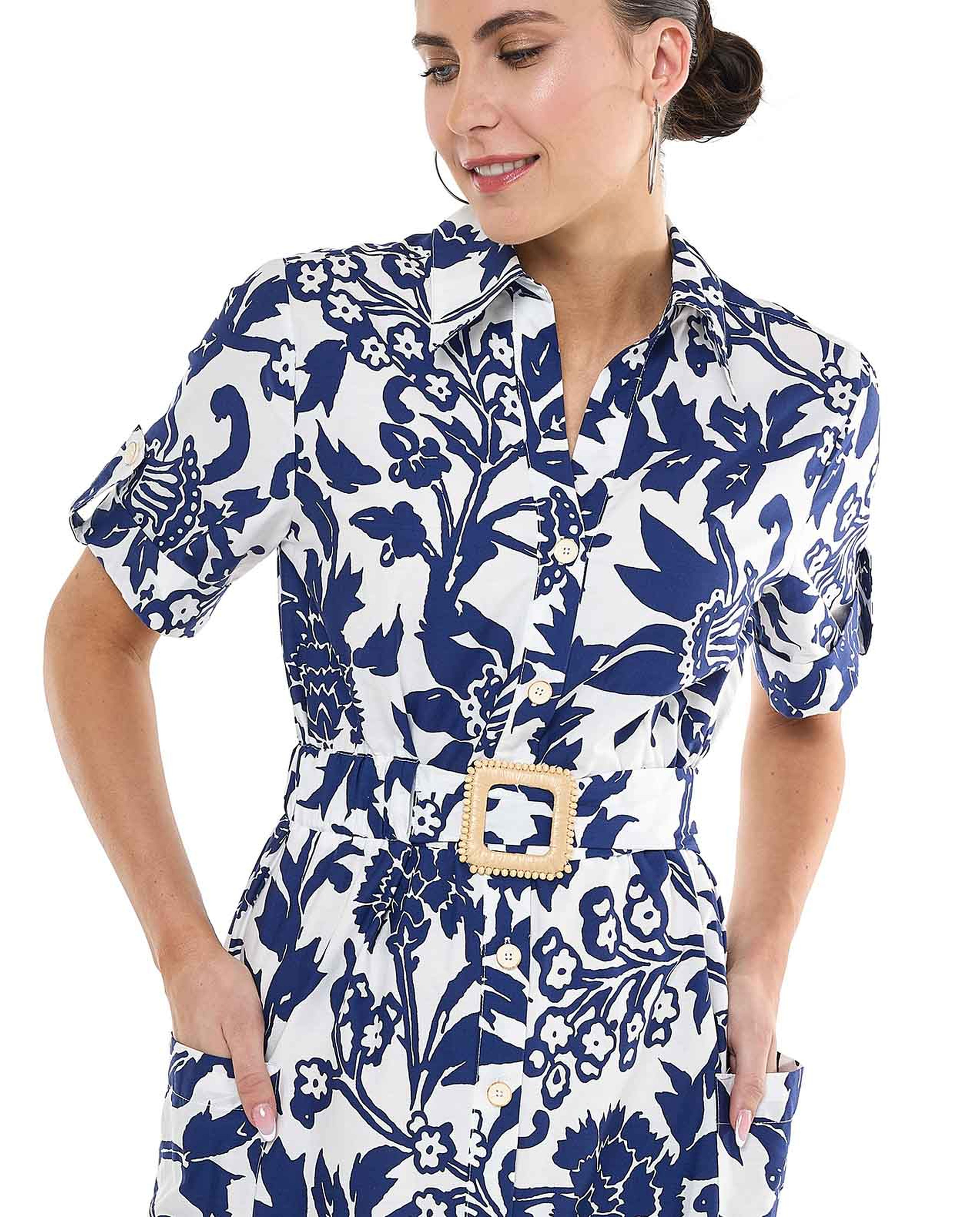 Printed Shirt Dress with Classic Collar and Short Sleeves