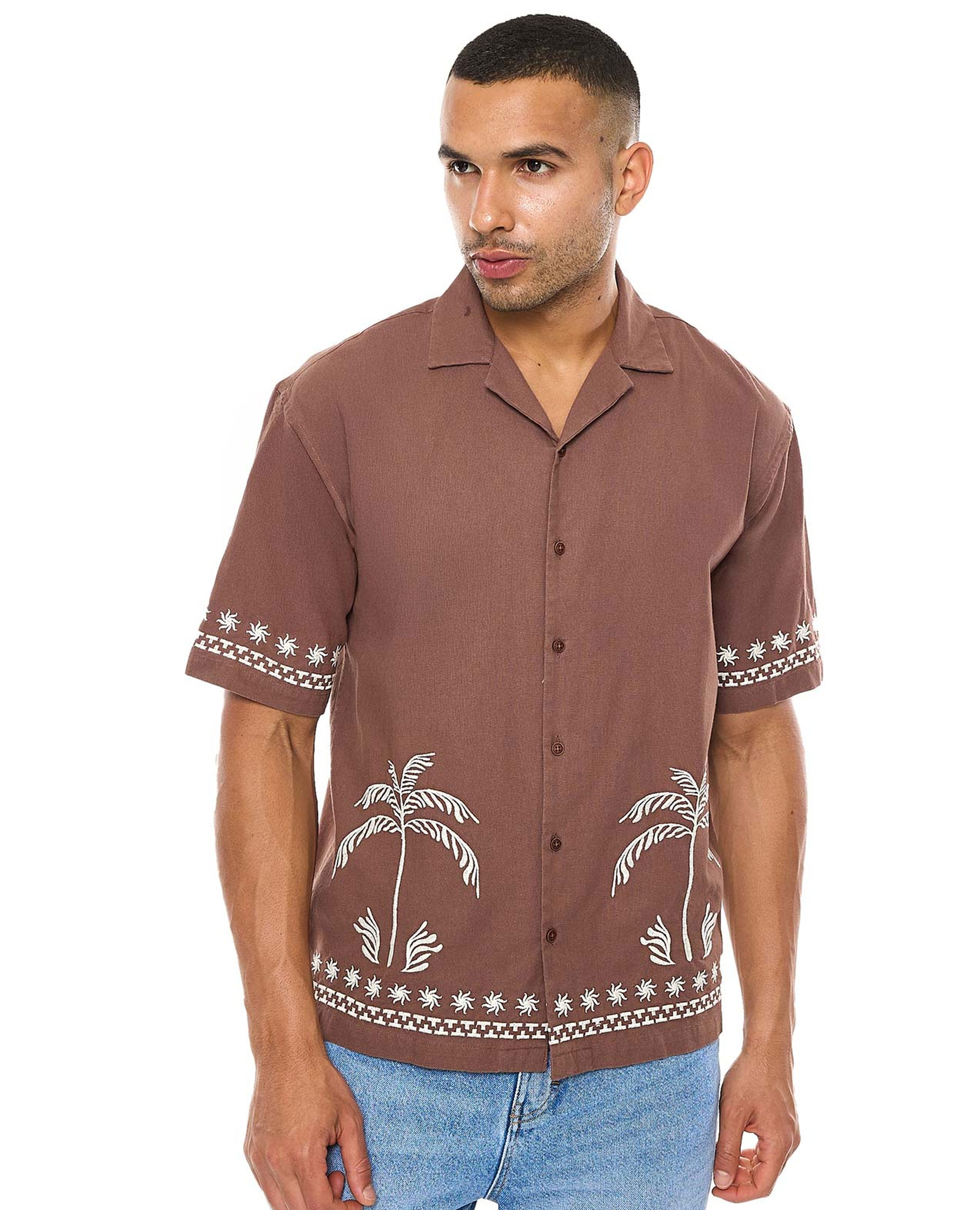 Embroidered Shirt with Revere Collar and Short Sleeves