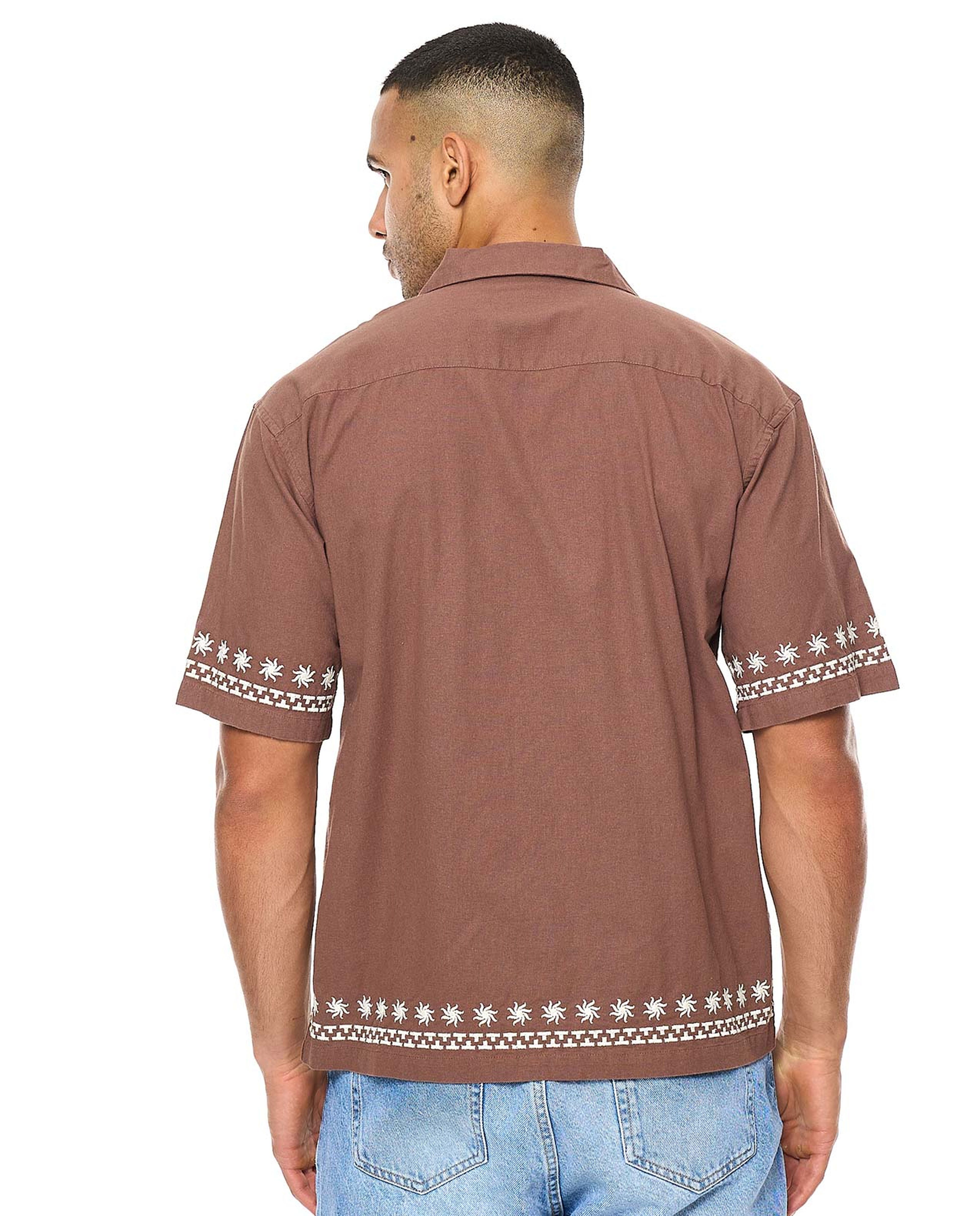 Embroidered Shirt with Revere Collar and Short Sleeves