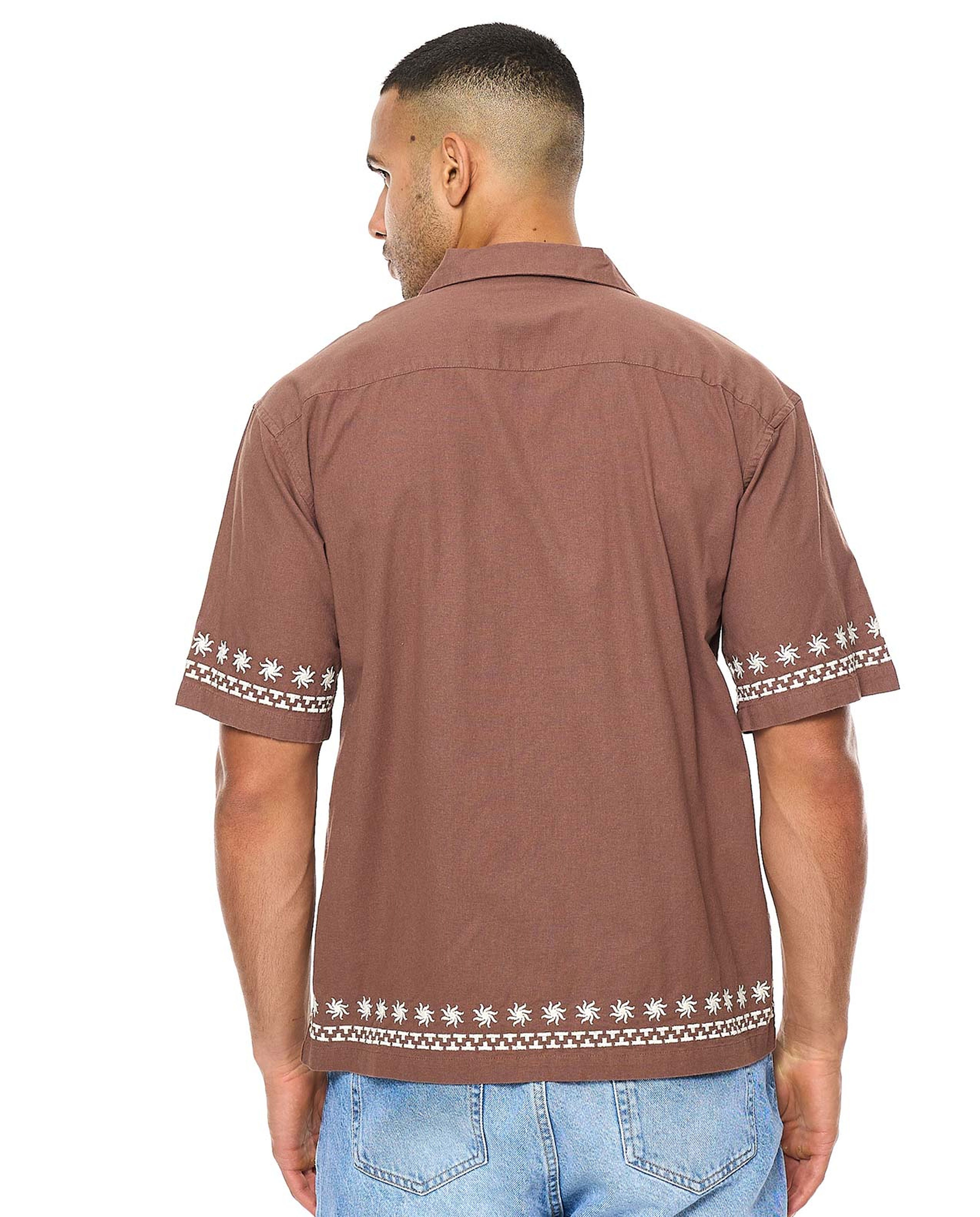 Embroidered Shirt with Revere Collar and Short Sleeves