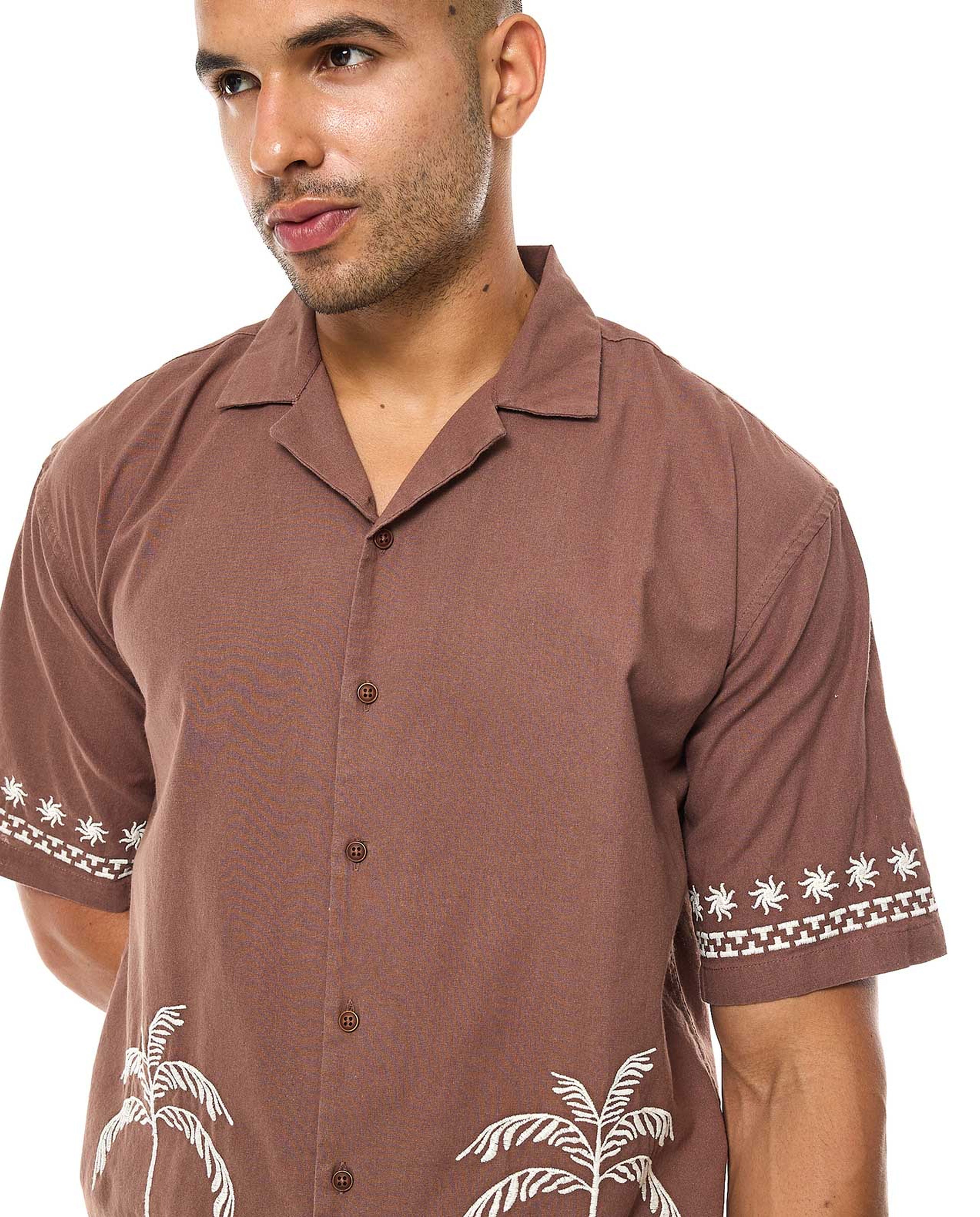 Embroidered Shirt with Revere Collar and Short Sleeves