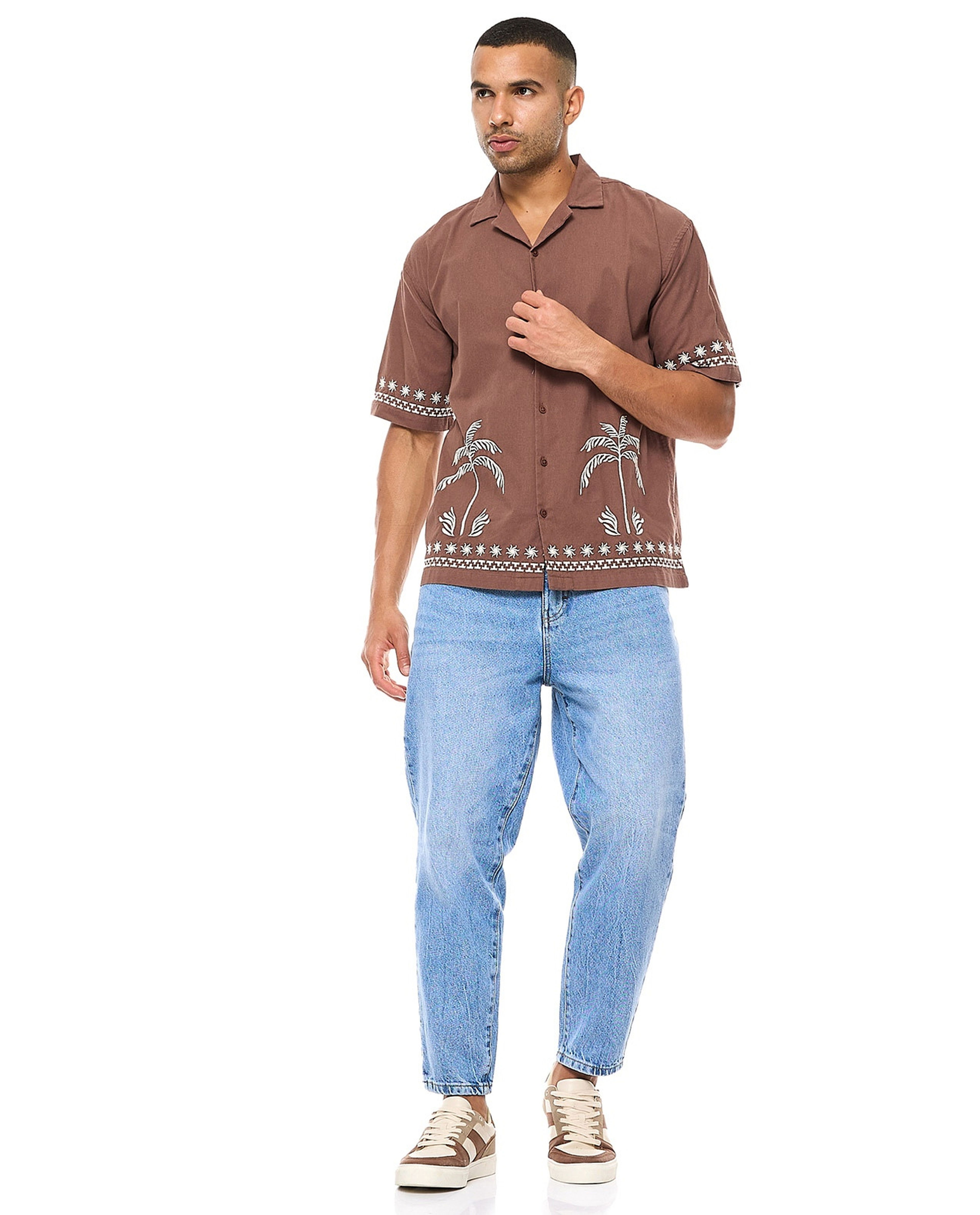 Embroidered Shirt with Revere Collar and Short Sleeves