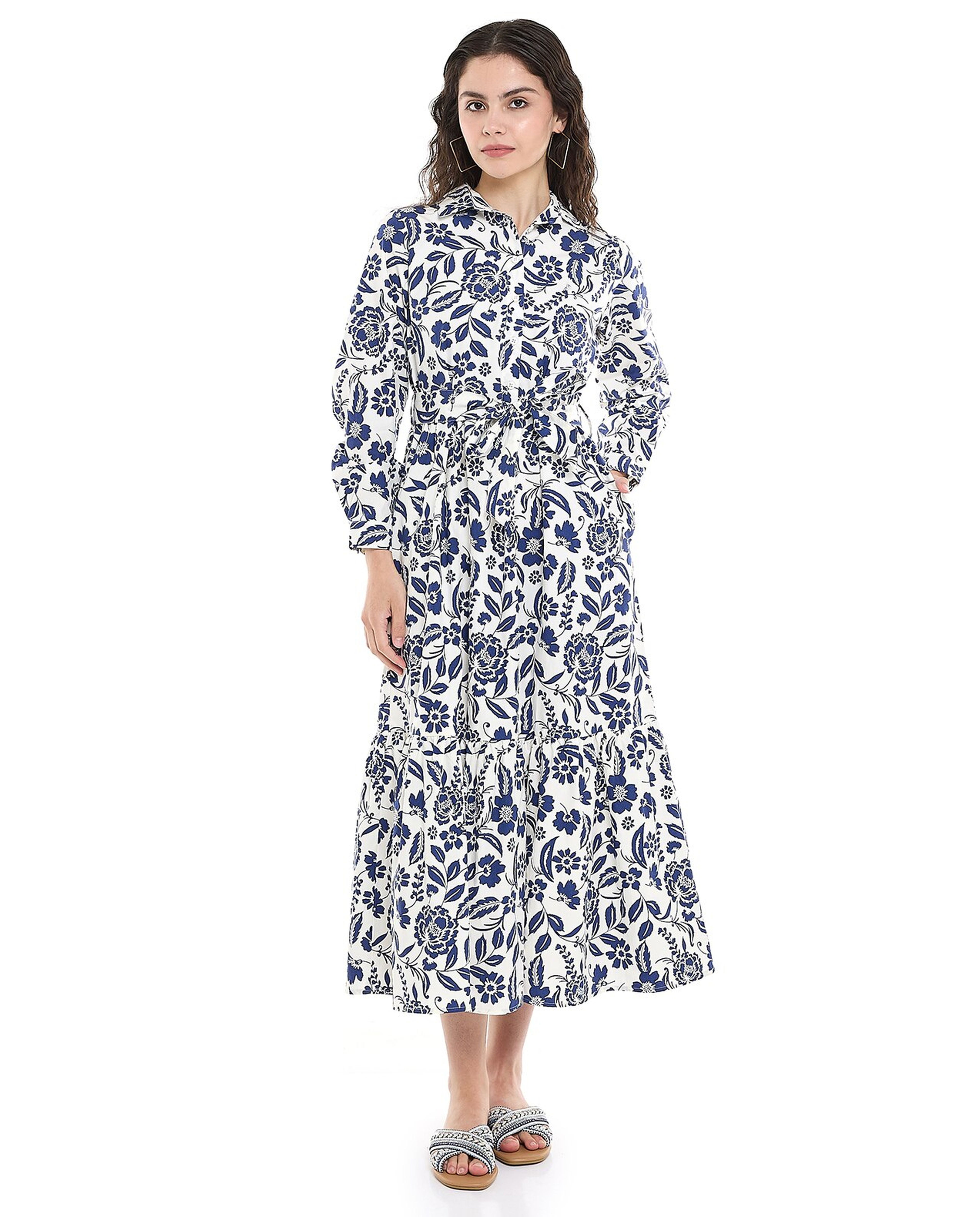 Patterned Shirt Dress with Classic Collar and Long Sleeves