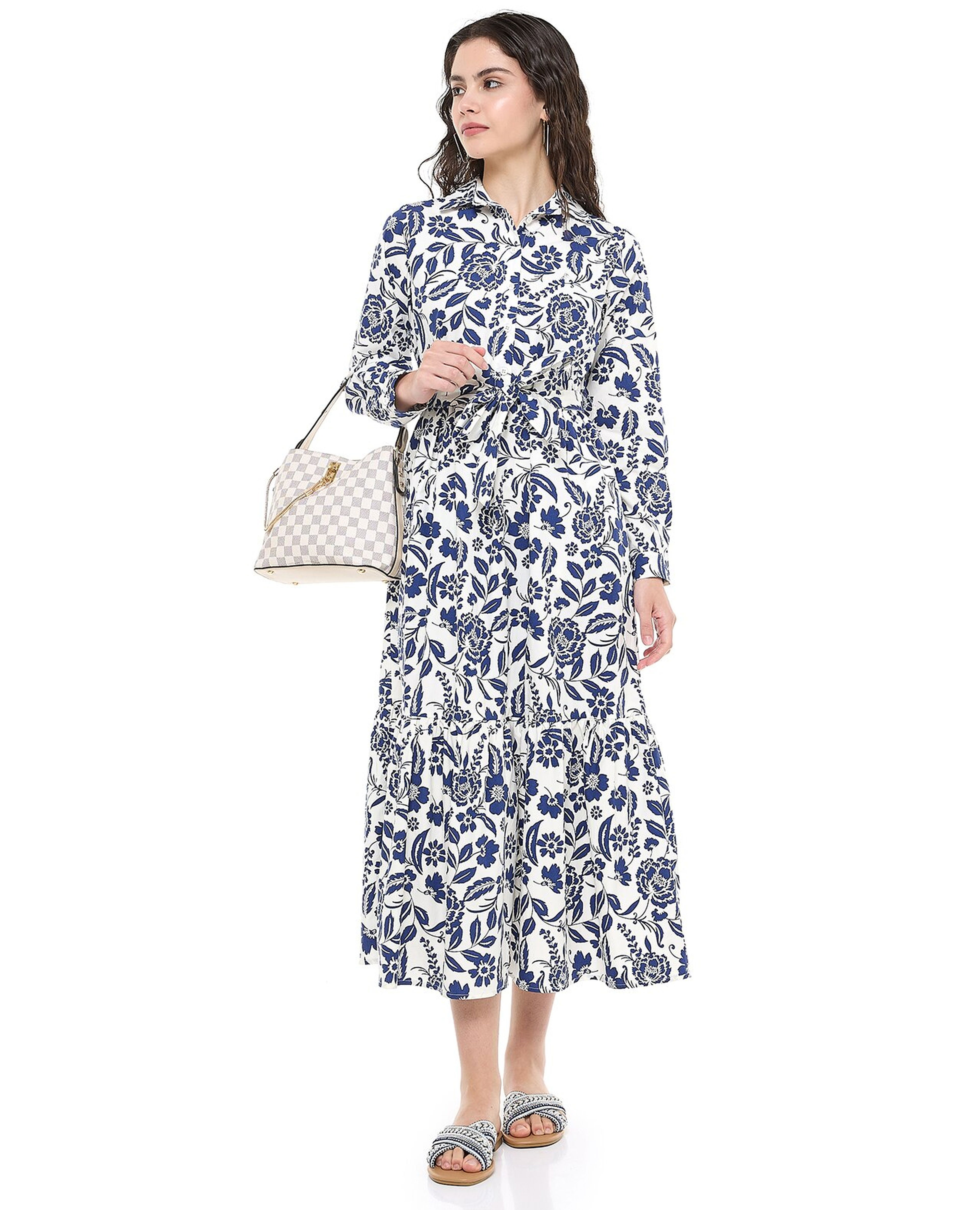 Patterned Shirt Dress with Classic Collar and Long Sleeves