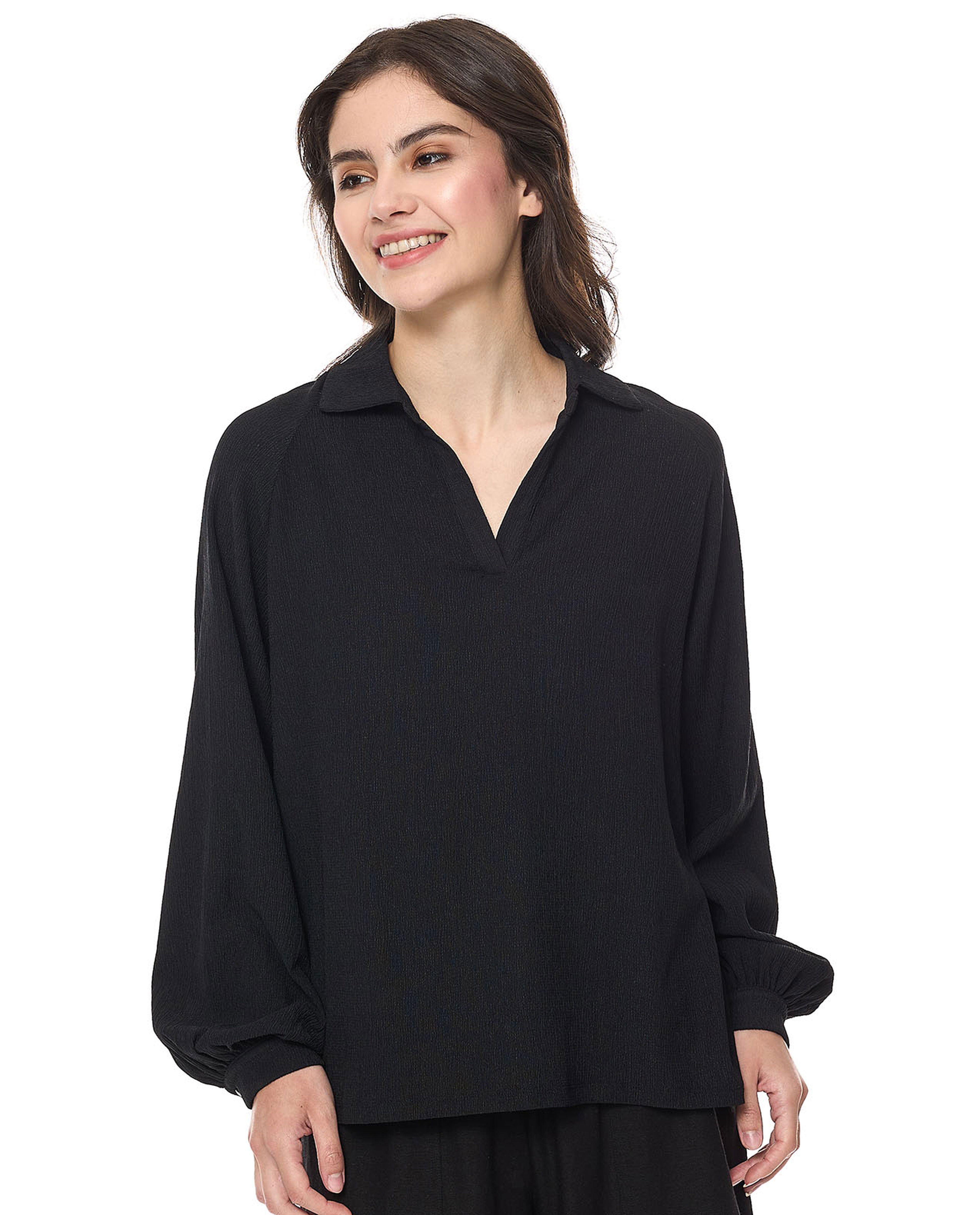 Textured Top with Spread Collar and Bishop Sleeves