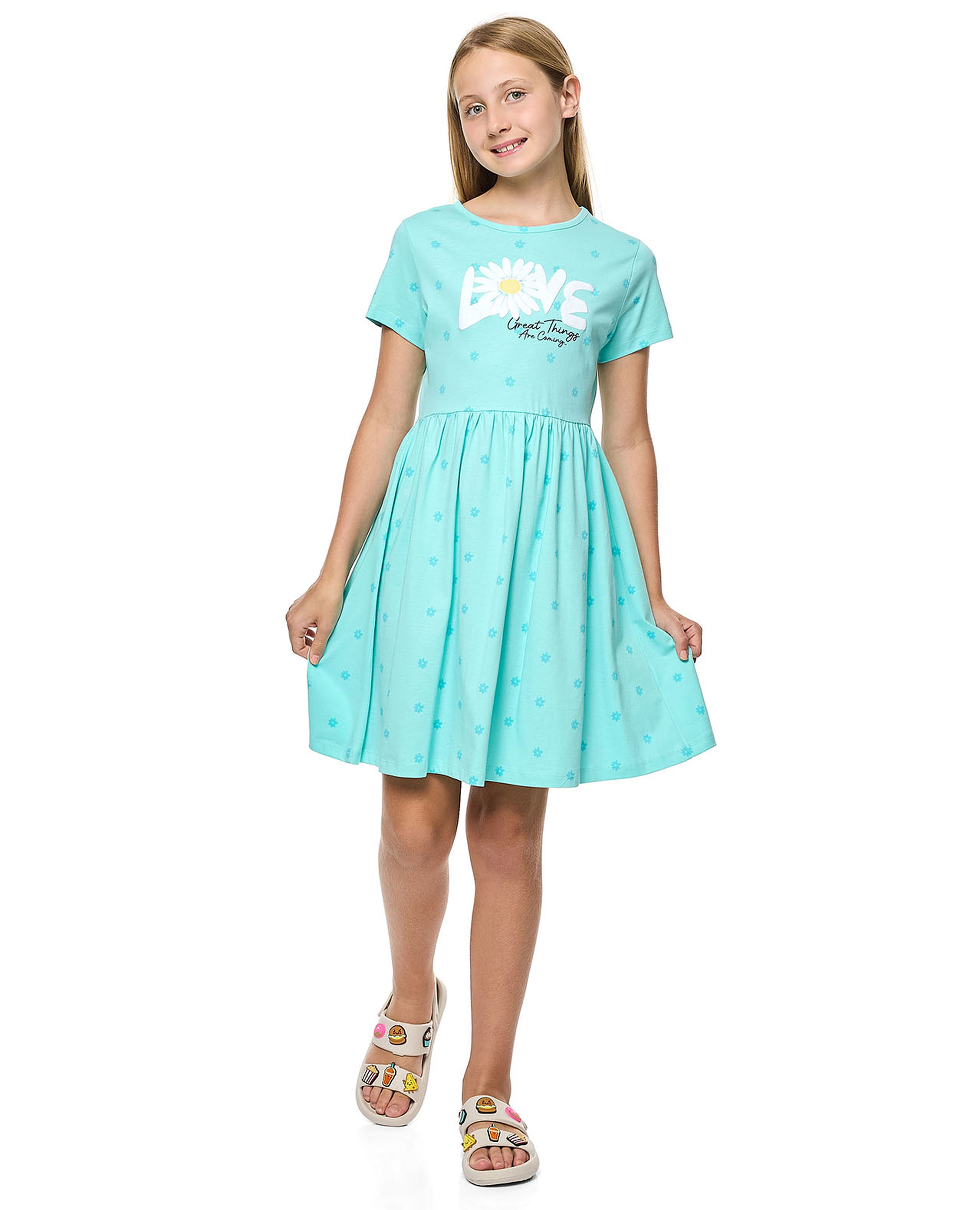 Printed Fit and Flare Dress with Short Sleeves
