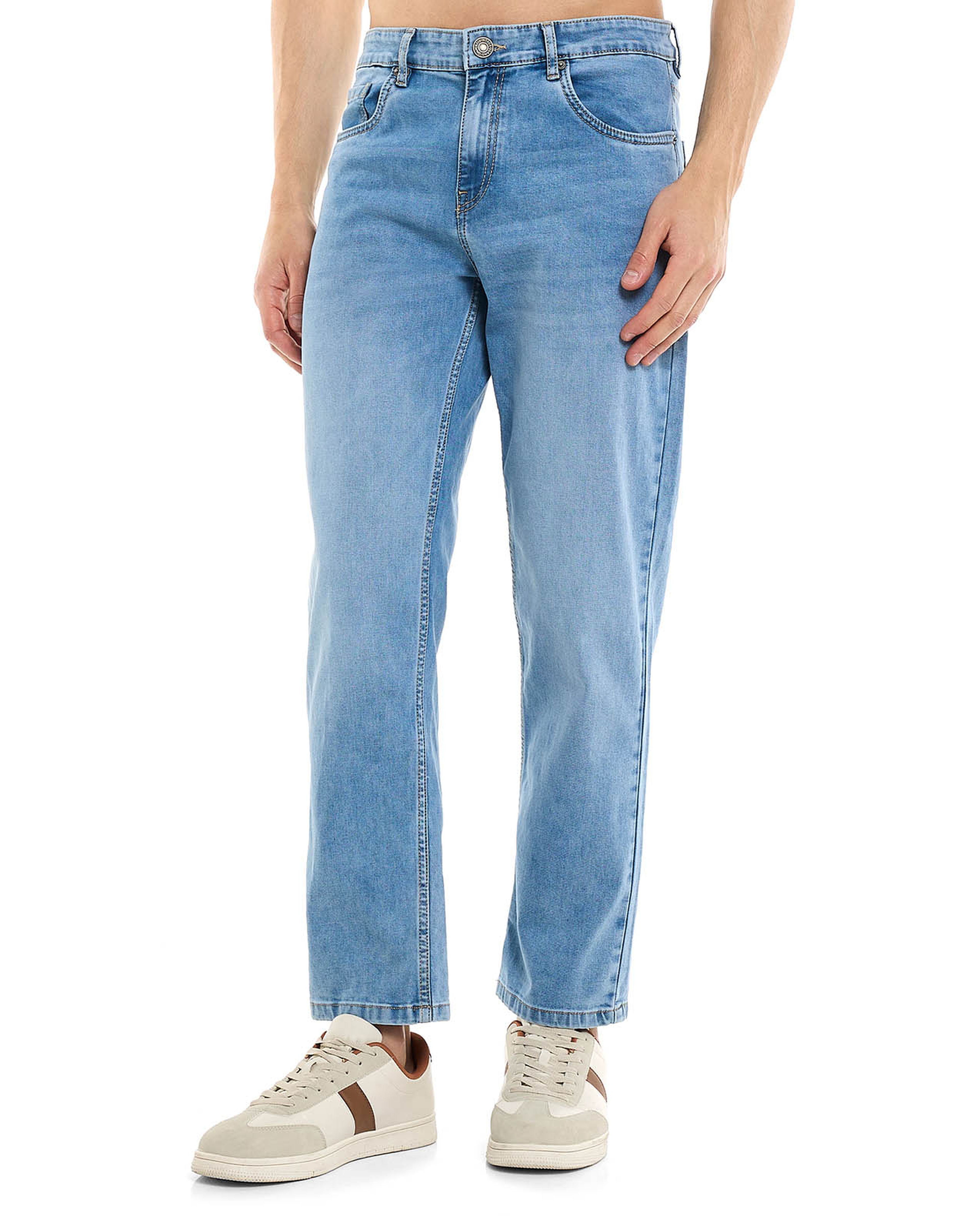 Faded Straight Fit Jeans with Button Closure