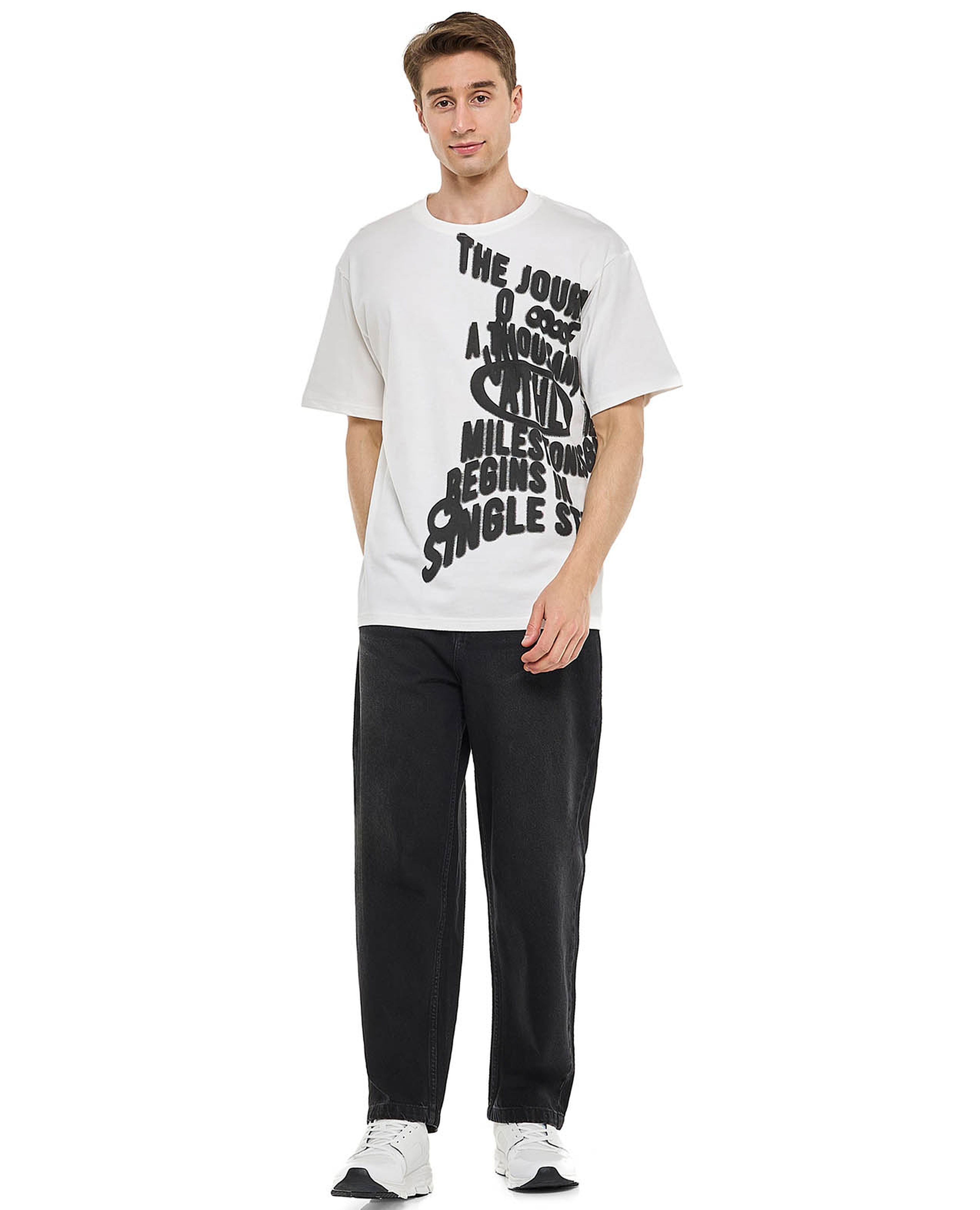Washed Baggy Fit Jeans with Button Closure