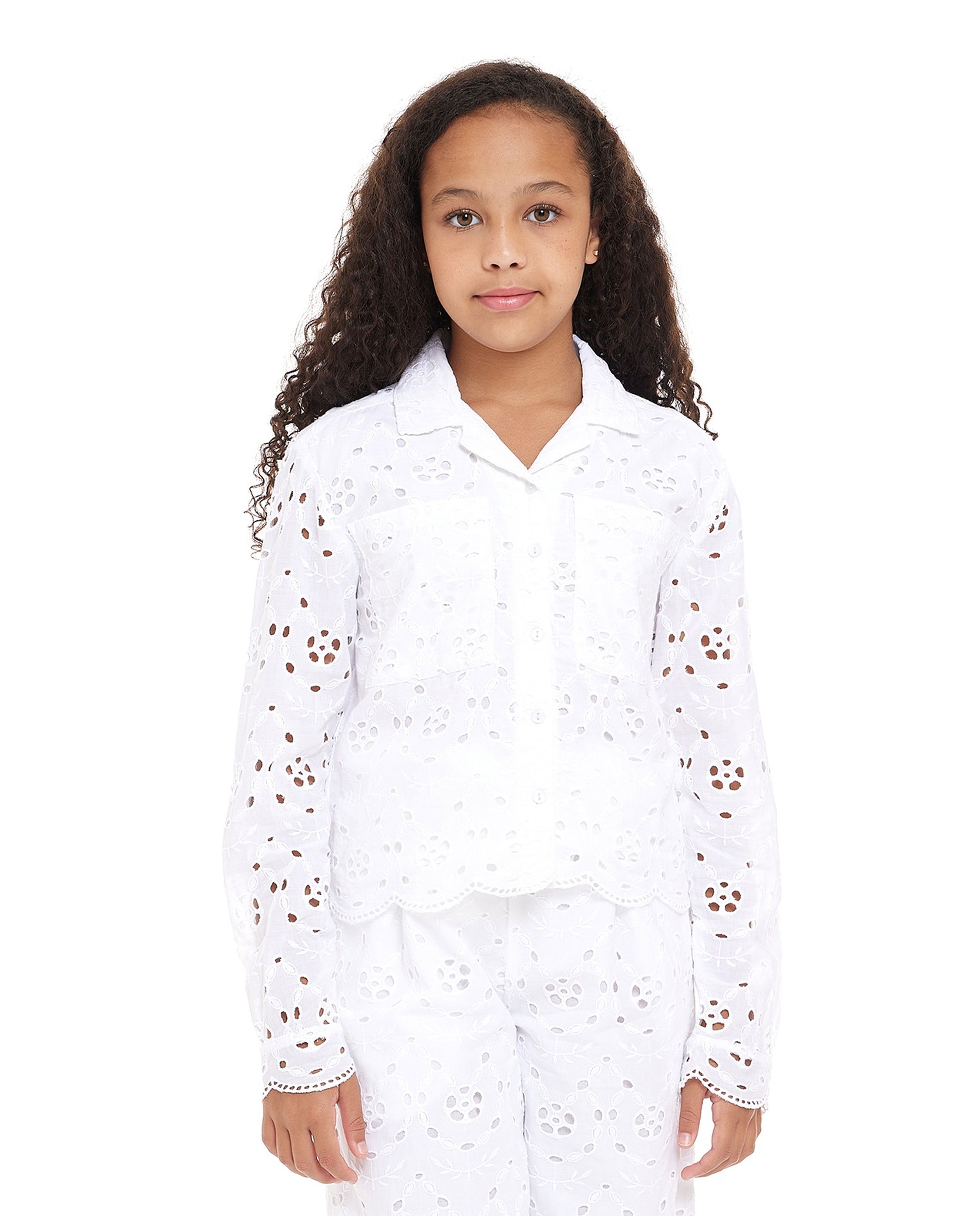 Schiffli Shirt with Revere Collar and Long Sleeves